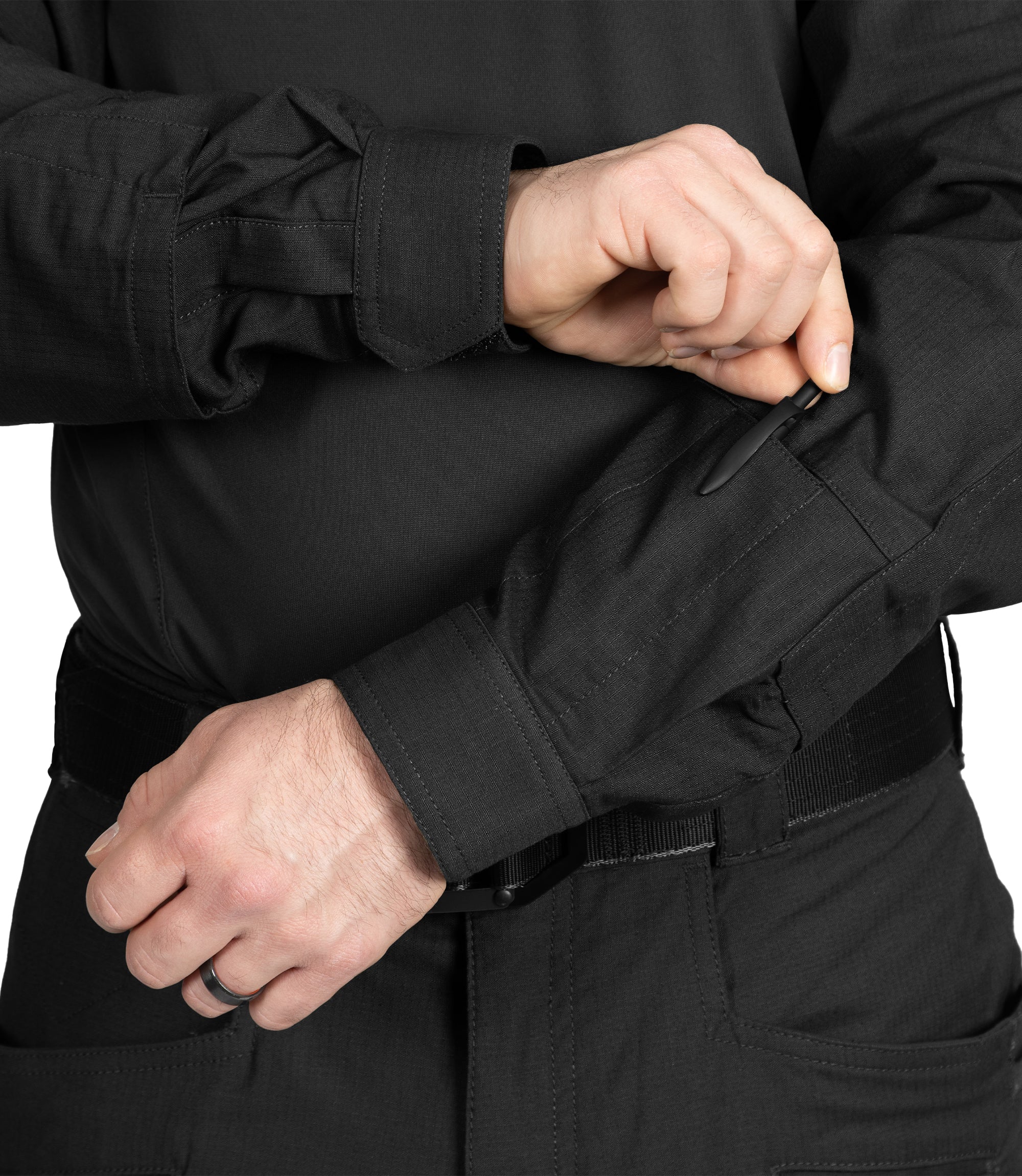 Pen/Tool Pocket and Hook and Loop Cuff Closures on Men's Defender Shirt in Black |color_black