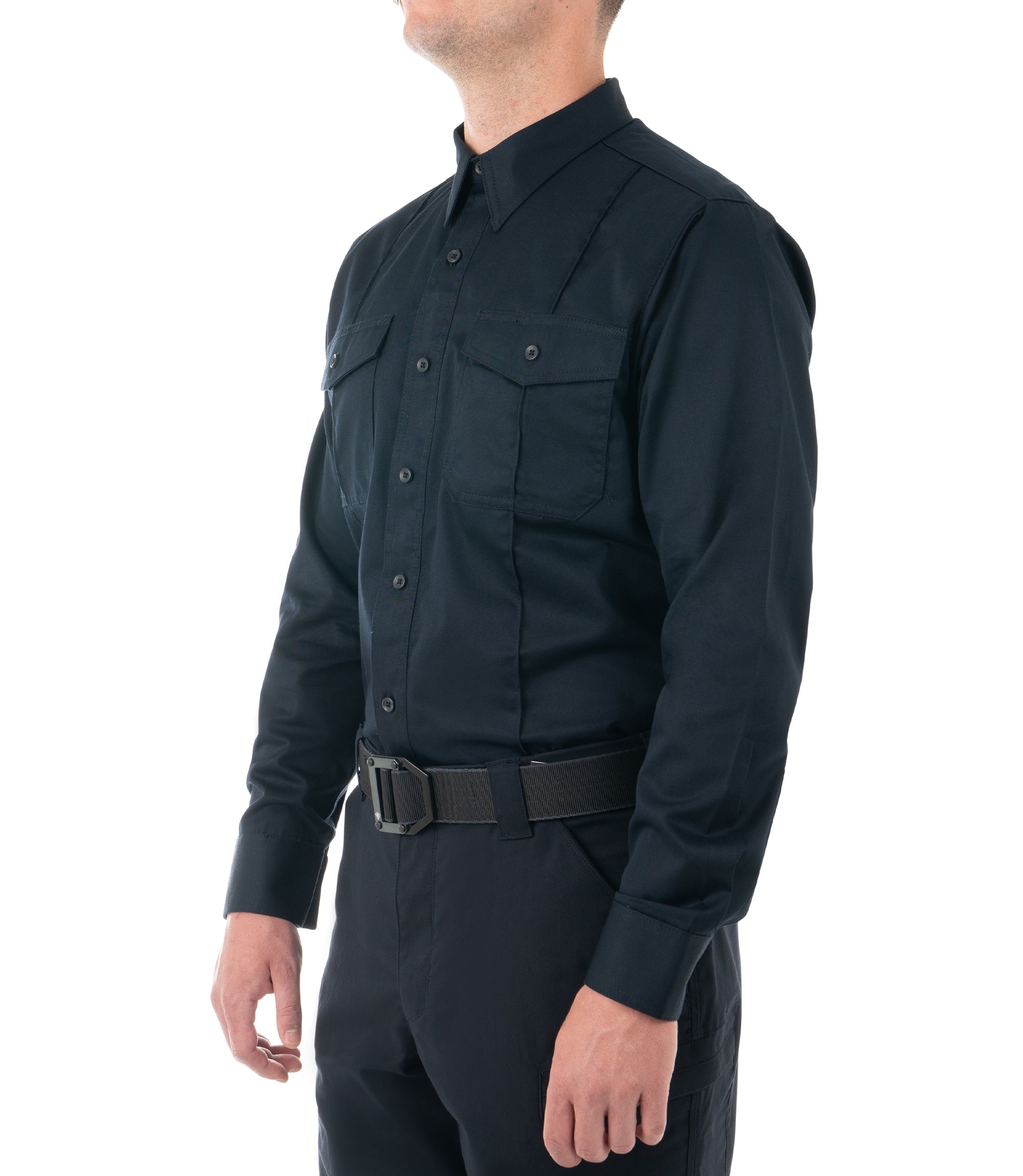 Side of Men's Cotton Station Long Sleeve Shirt in Midnight Navy |color_midnight navy