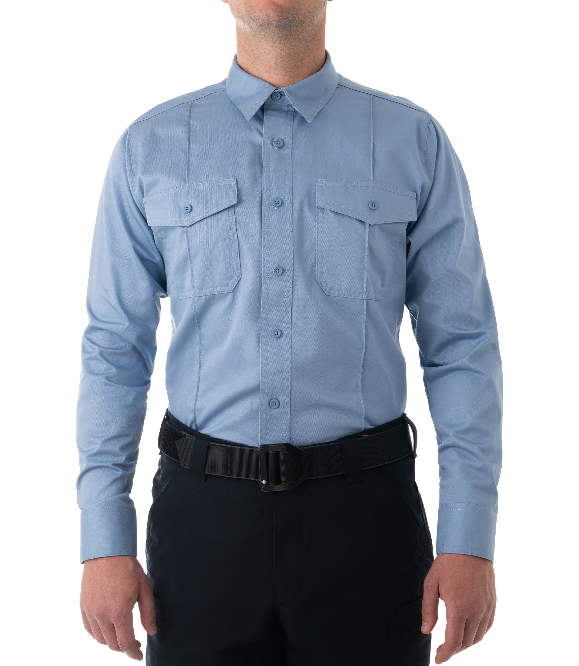 Front of Men's Cotton Station Long Sleeve Shirt in Medium Blue |color_medium blue