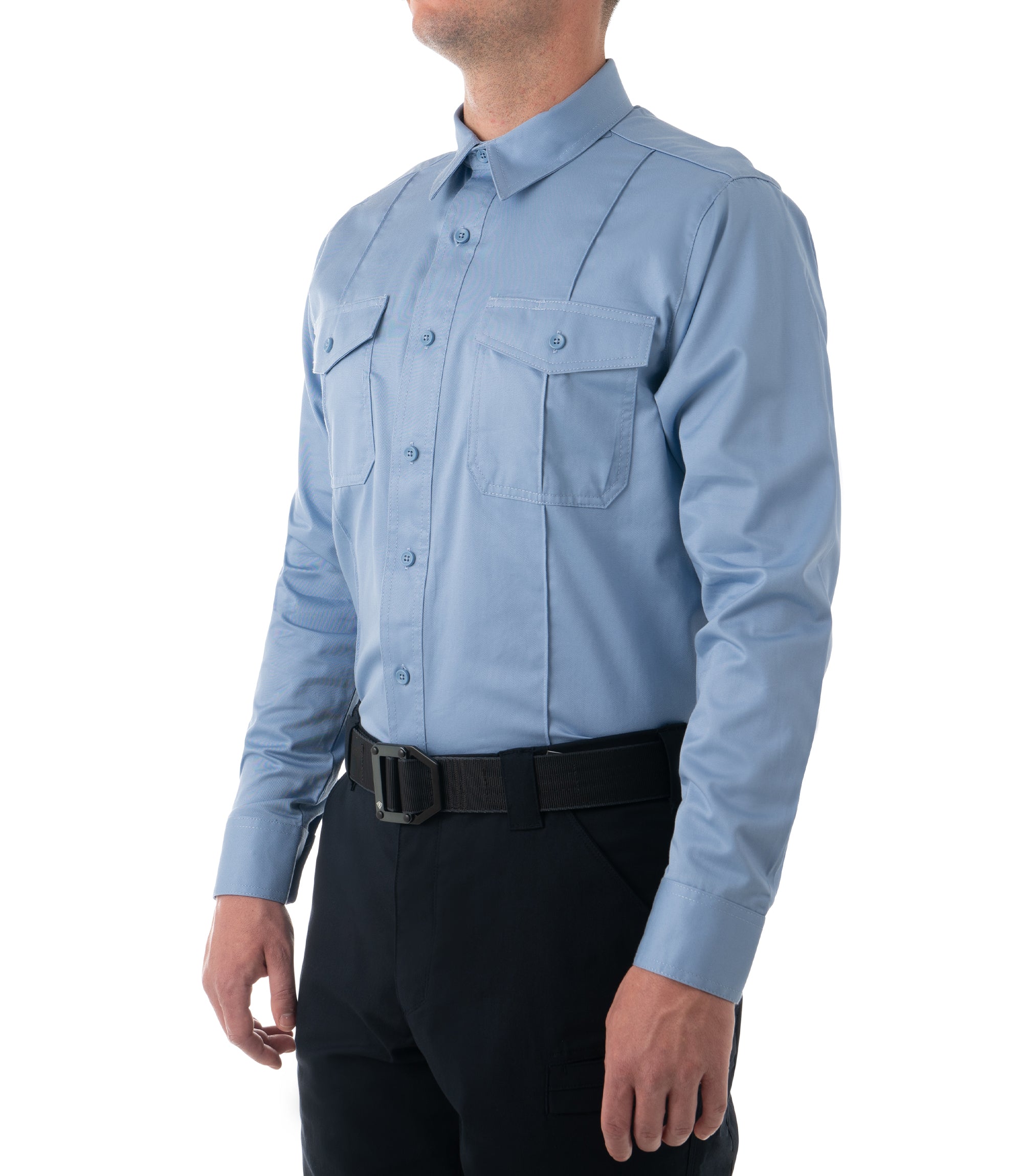 Side of Men's Cotton Station Long Sleeve Shirt in Medium Blue |color_medium blue