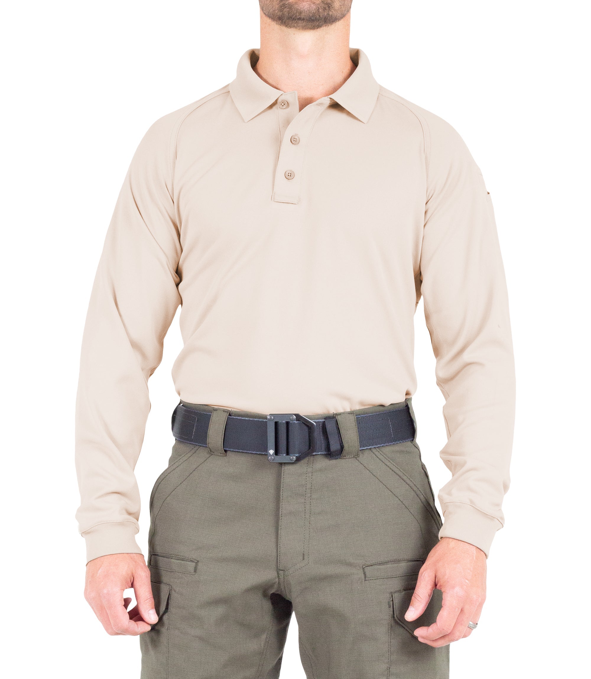 Front of Men's Performance Long Sleeve Polo in Khaki |color_khaki