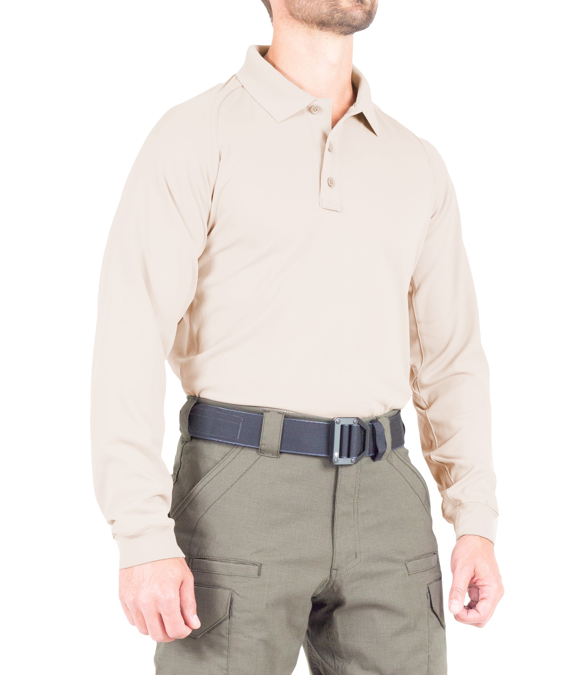 Side of Men's Performance Long Sleeve Polo in Khaki |color_khaki