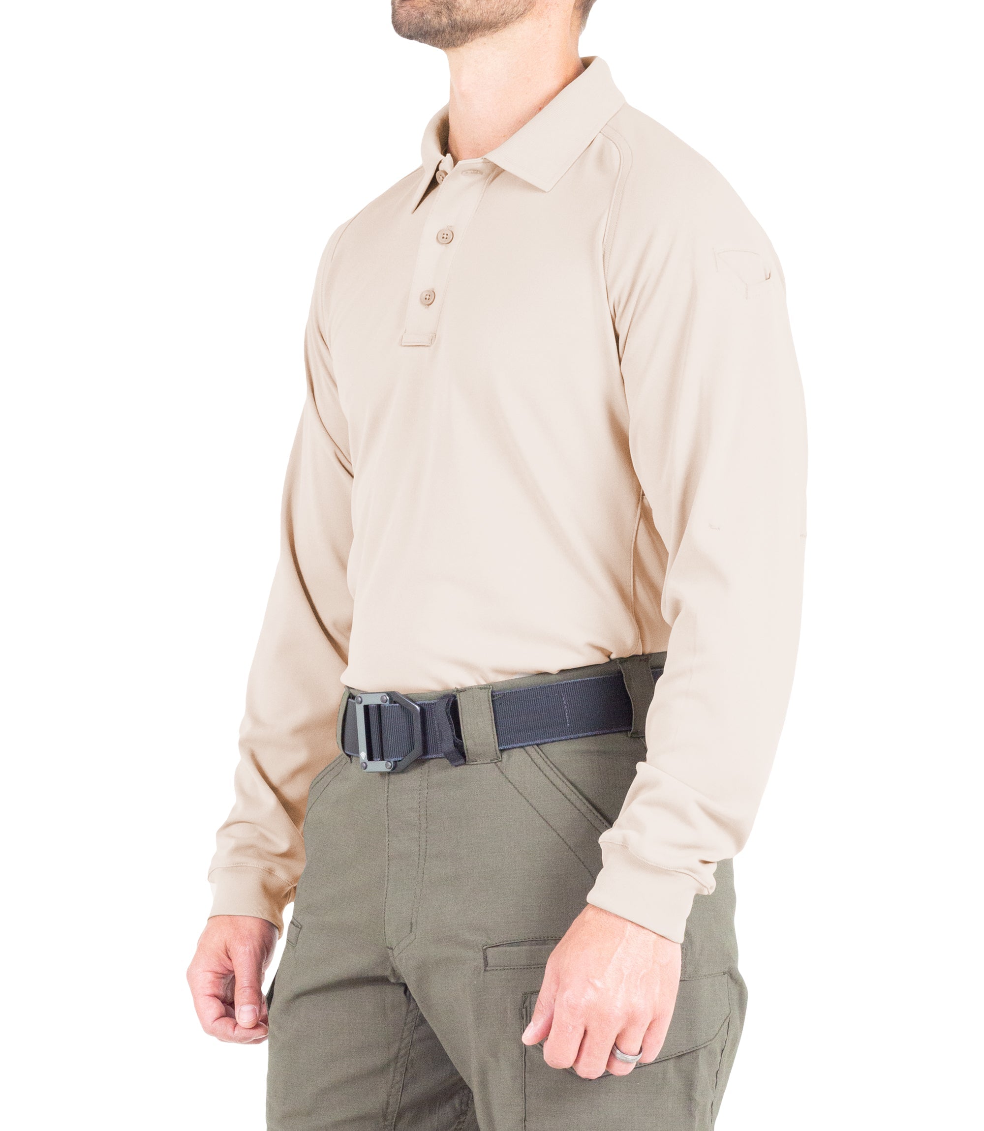 Side of Men's Performance Long Sleeve Polo in Khaki |color_khaki