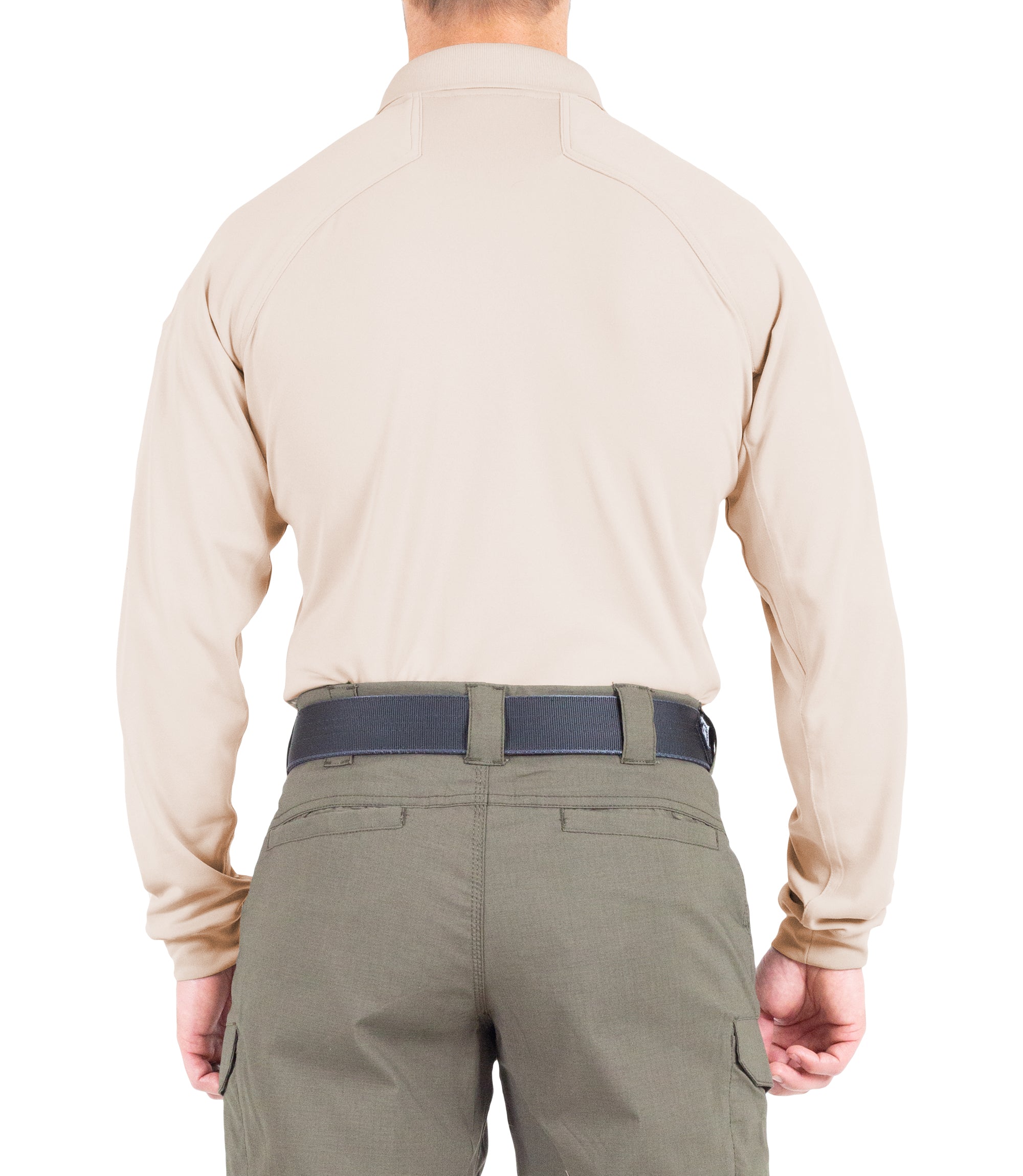 Back of Men's Performance Long Sleeve Polo in Khaki |color_khaki
