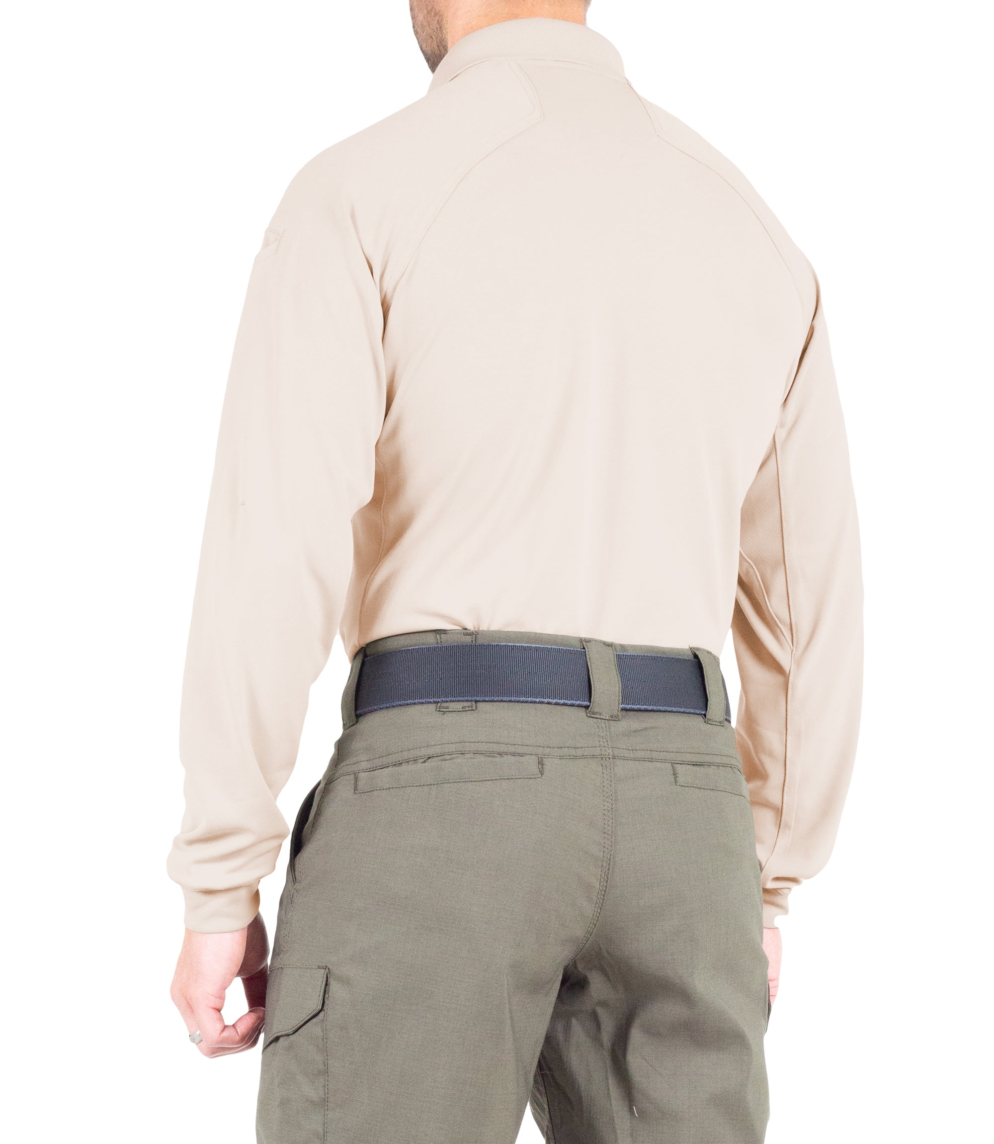 Side of Men's Performance Long Sleeve Polo in Khaki |color_khaki