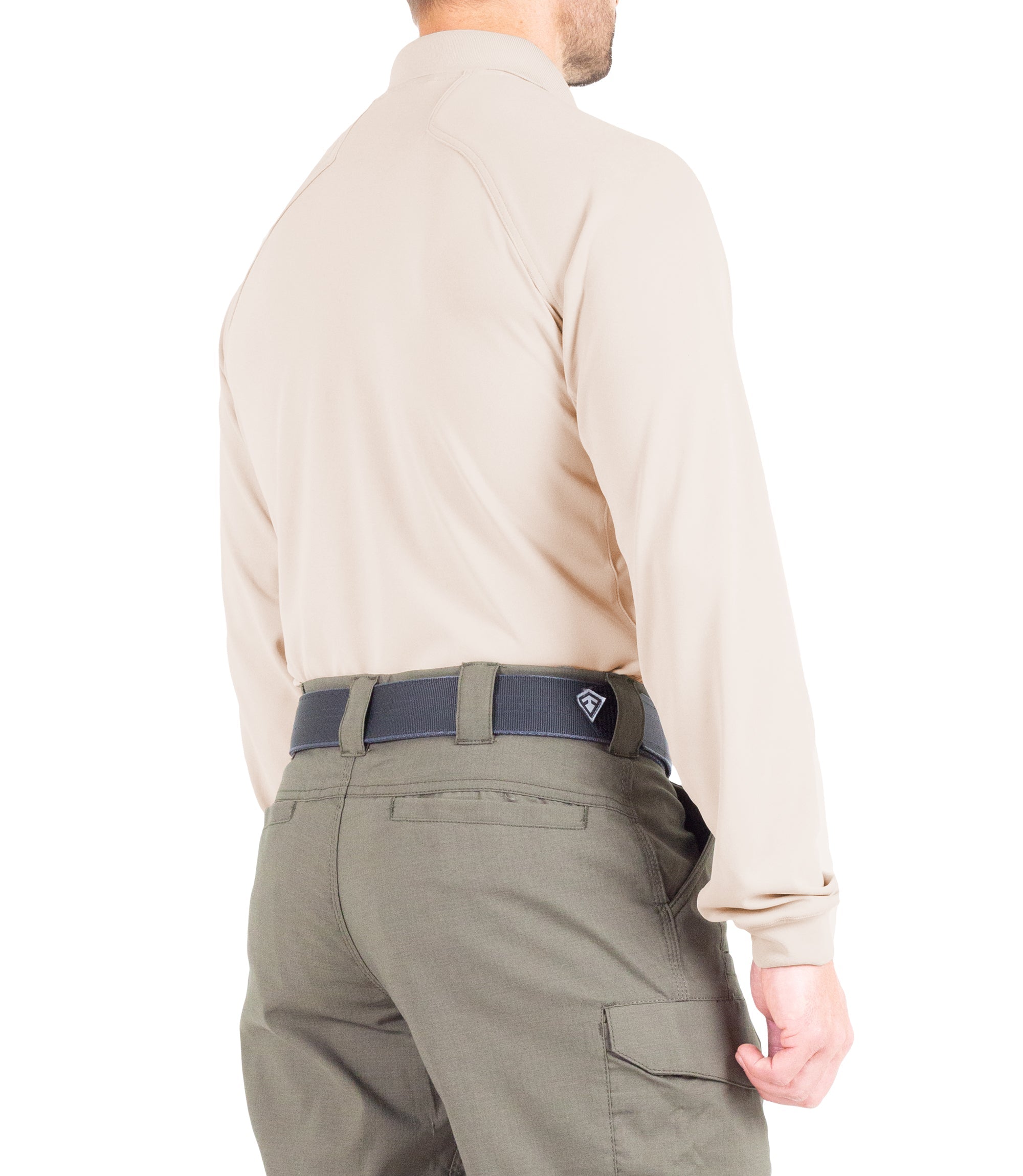 Side of Men's Performance Long Sleeve Polo in Khaki |color_khaki