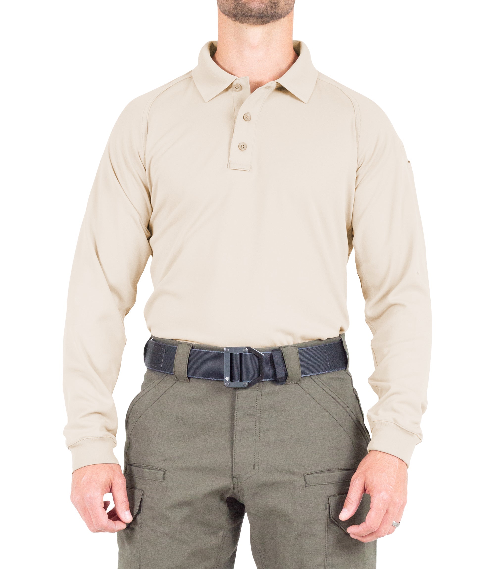 Front of Men's Performance Long Sleeve Polo in Silver Tan |color_silver tan