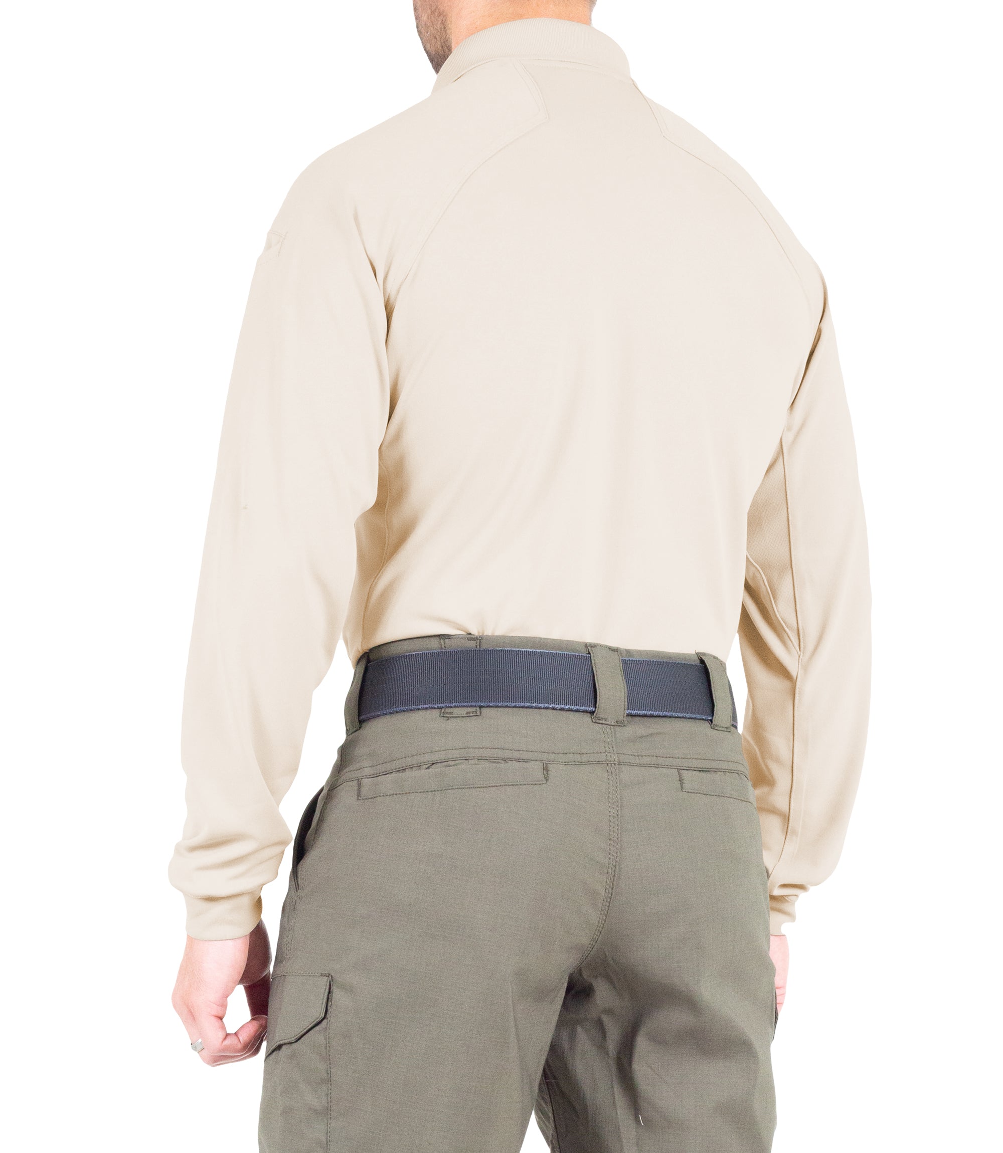Side of Men's Performance Long Sleeve Polo in Silver Tan |color_silver tan