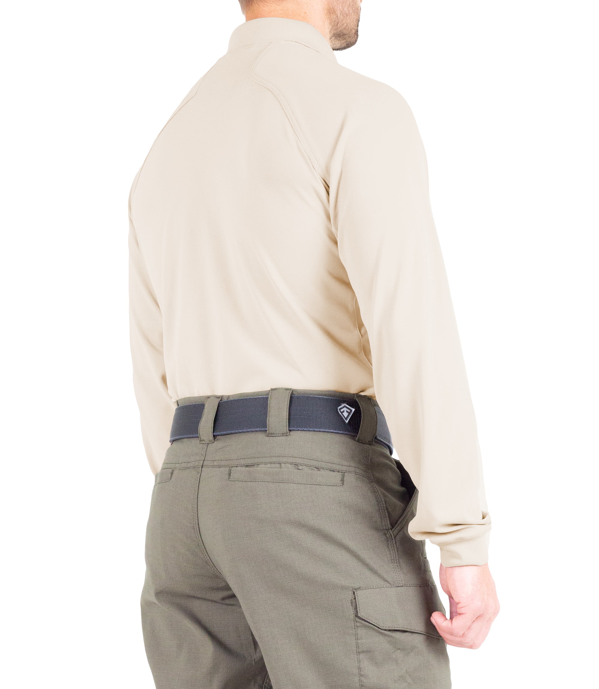 Side of Men's Performance Long Sleeve Polo in Silver Tan |color_silver tan