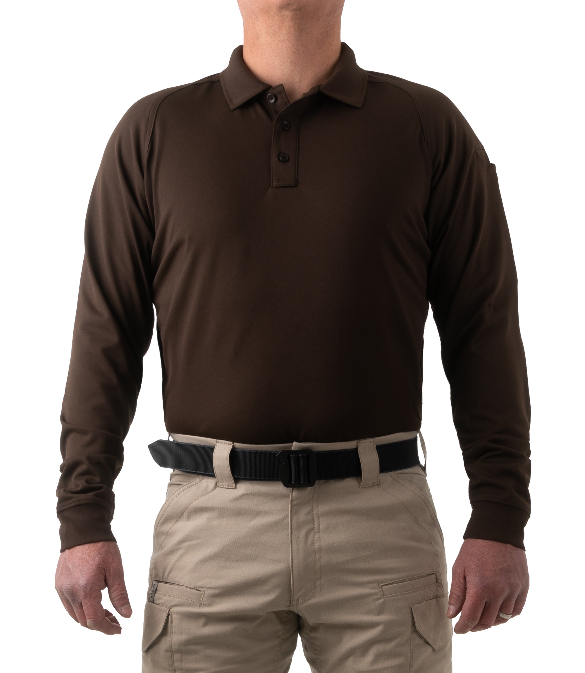 Front of Men's Performance Long Sleeve Polo in Kodiak Brown |color_kodiak brown