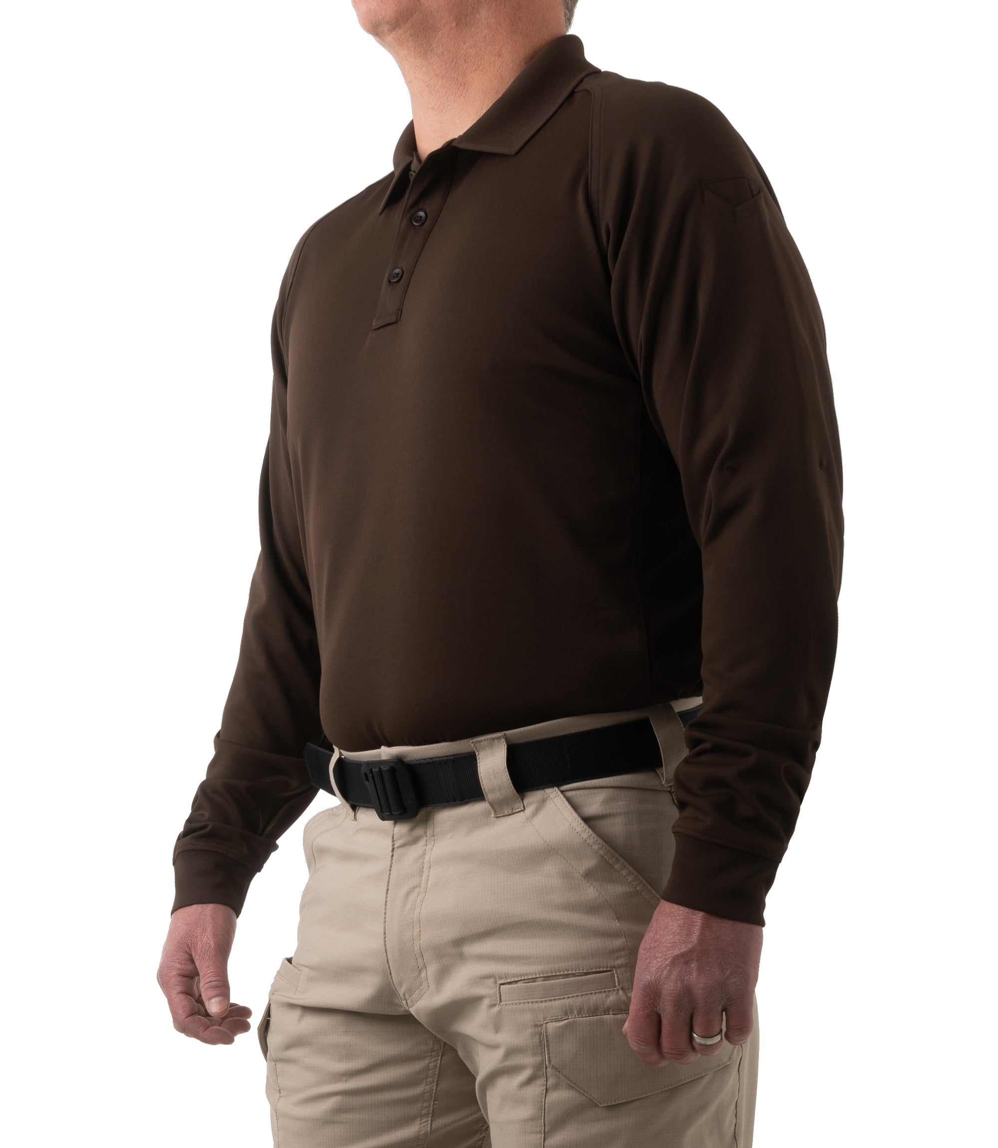 Side of Men's Performance Long Sleeve Polo in Kodiak Brown |color_kodiak brown