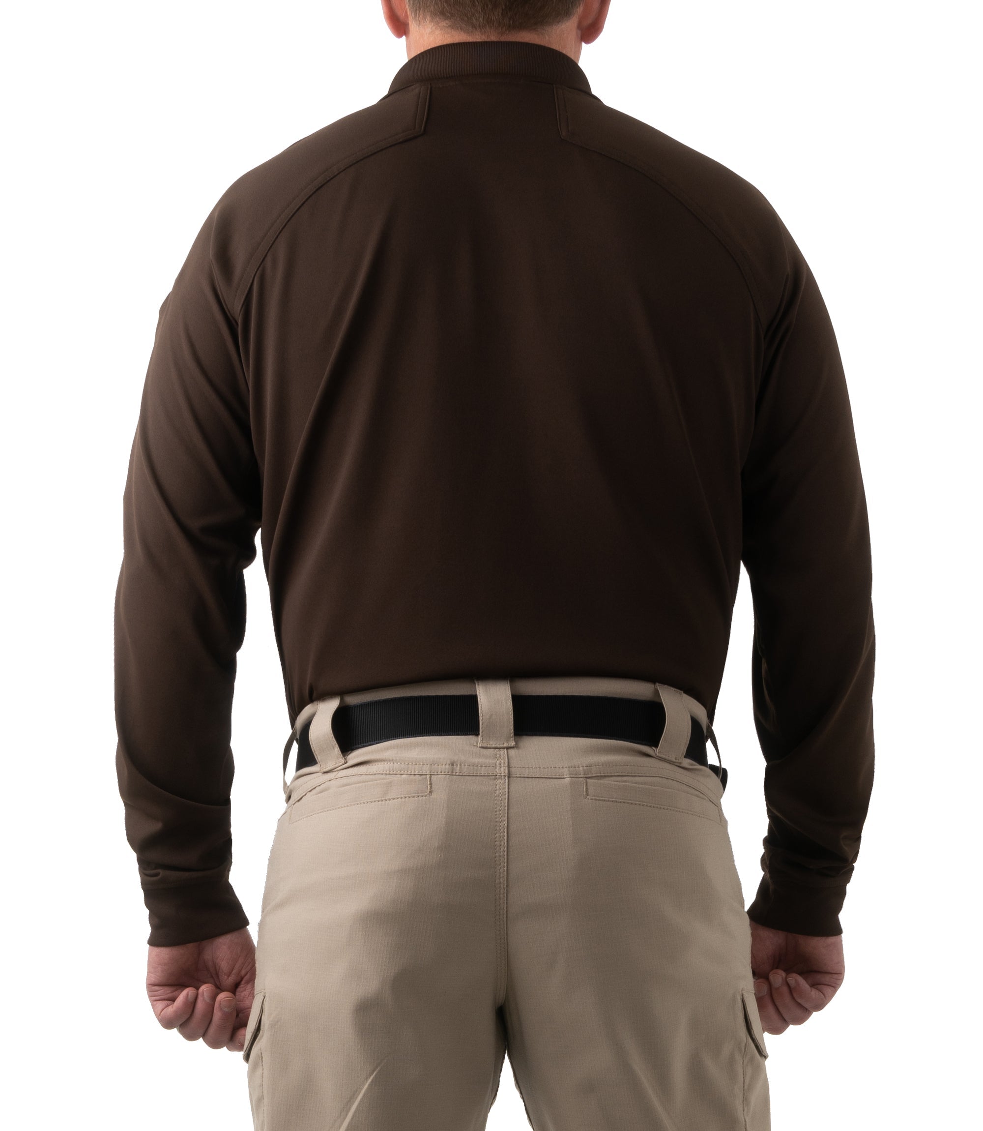 Back of Men's Performance Long Sleeve Polo in Kodiak Brown |color_kodiak brown