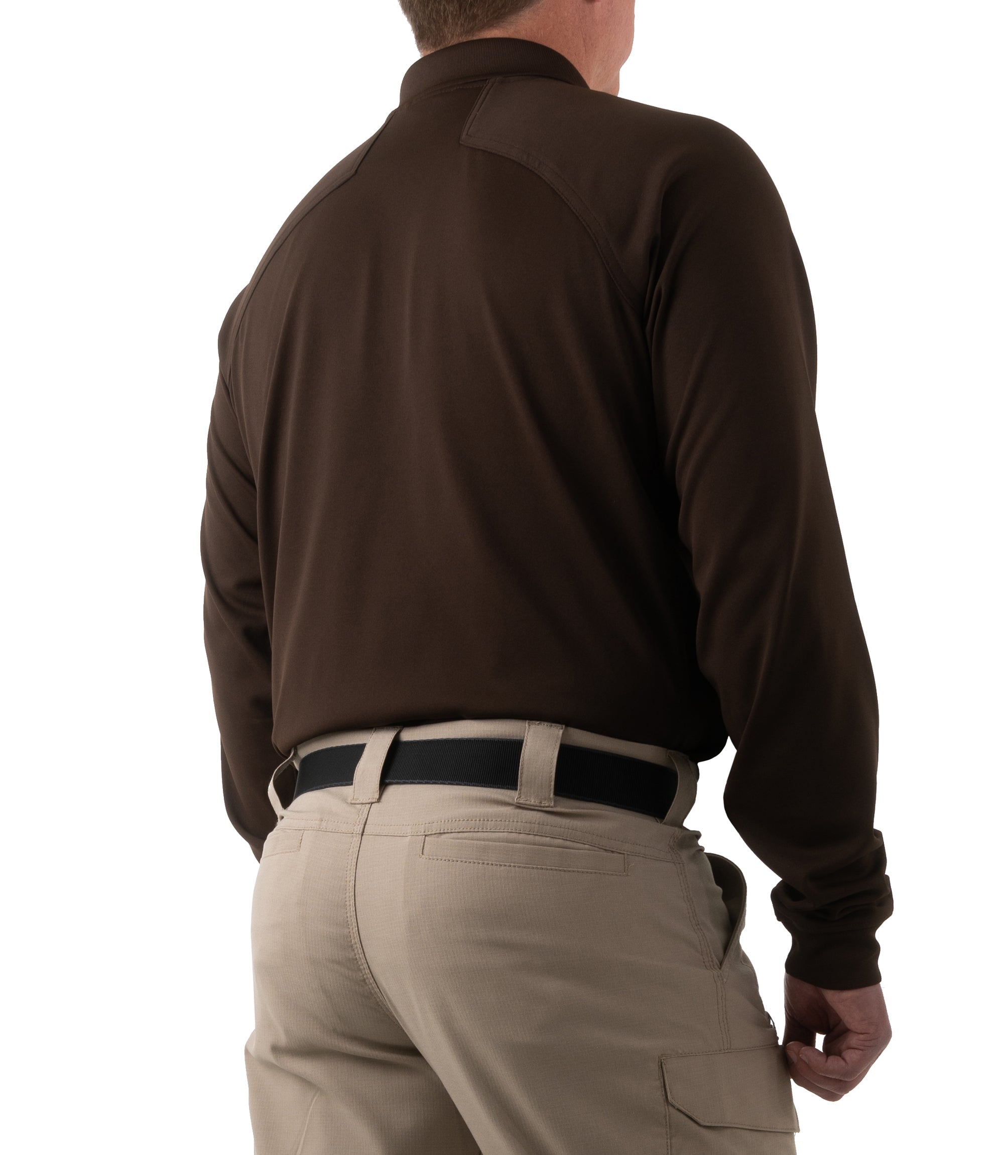 Side of Men's Performance Long Sleeve Polo in Kodiak Brown |color_kodiak brown