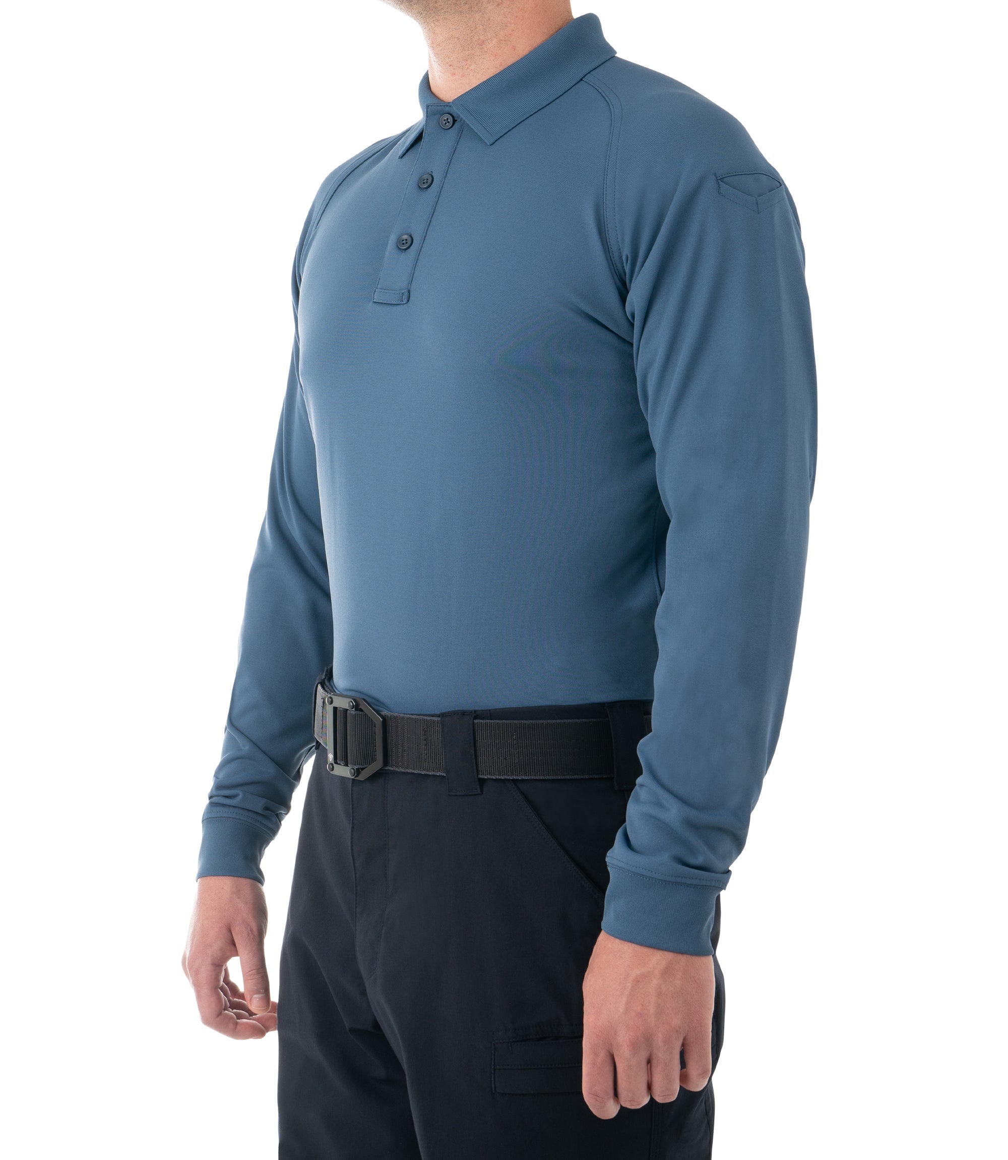 Side of Men's Performance Long Sleeve Polo in French Blue |color_french blue