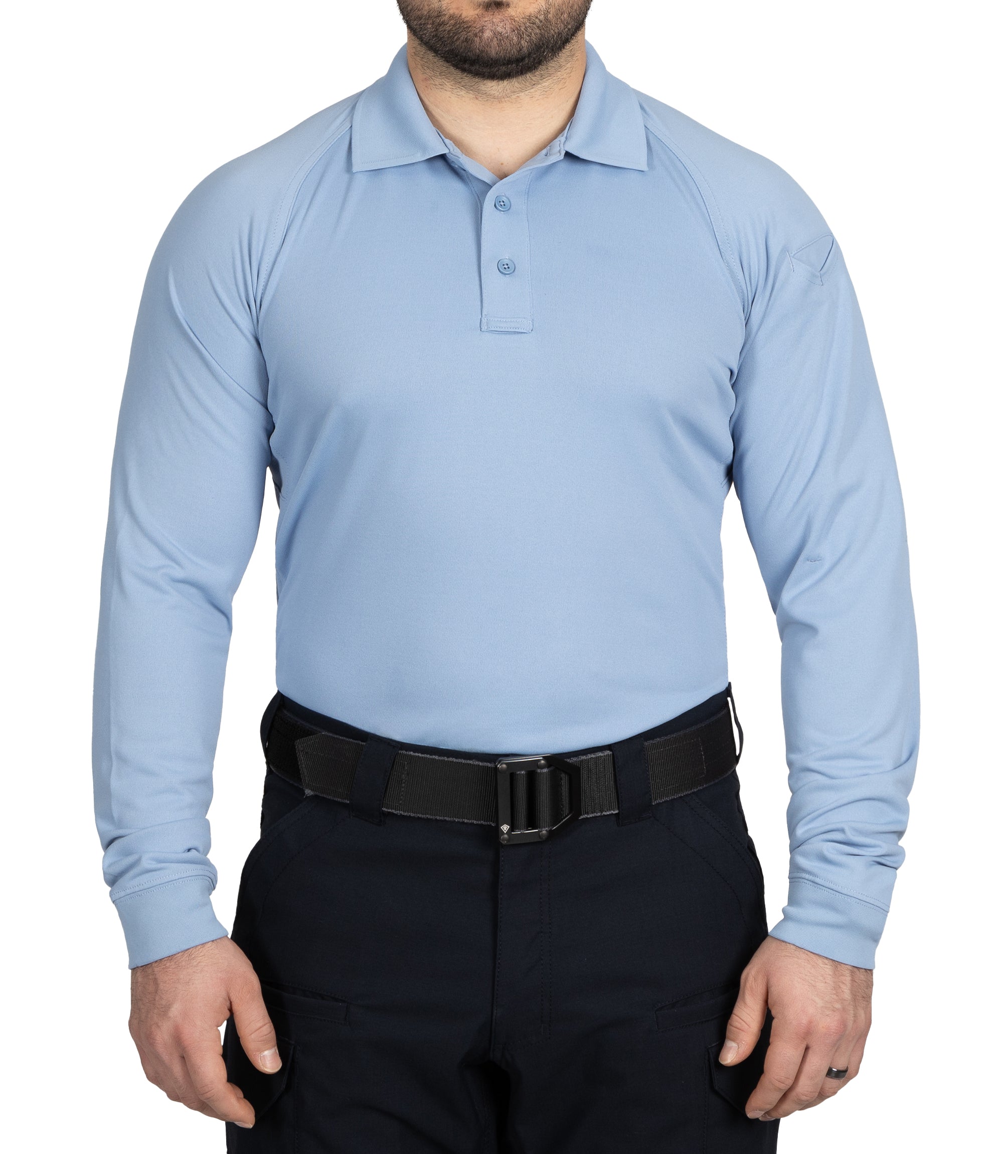 Front of Men's Performance Long Sleeve Polo in Medium Blue |color_medium blue