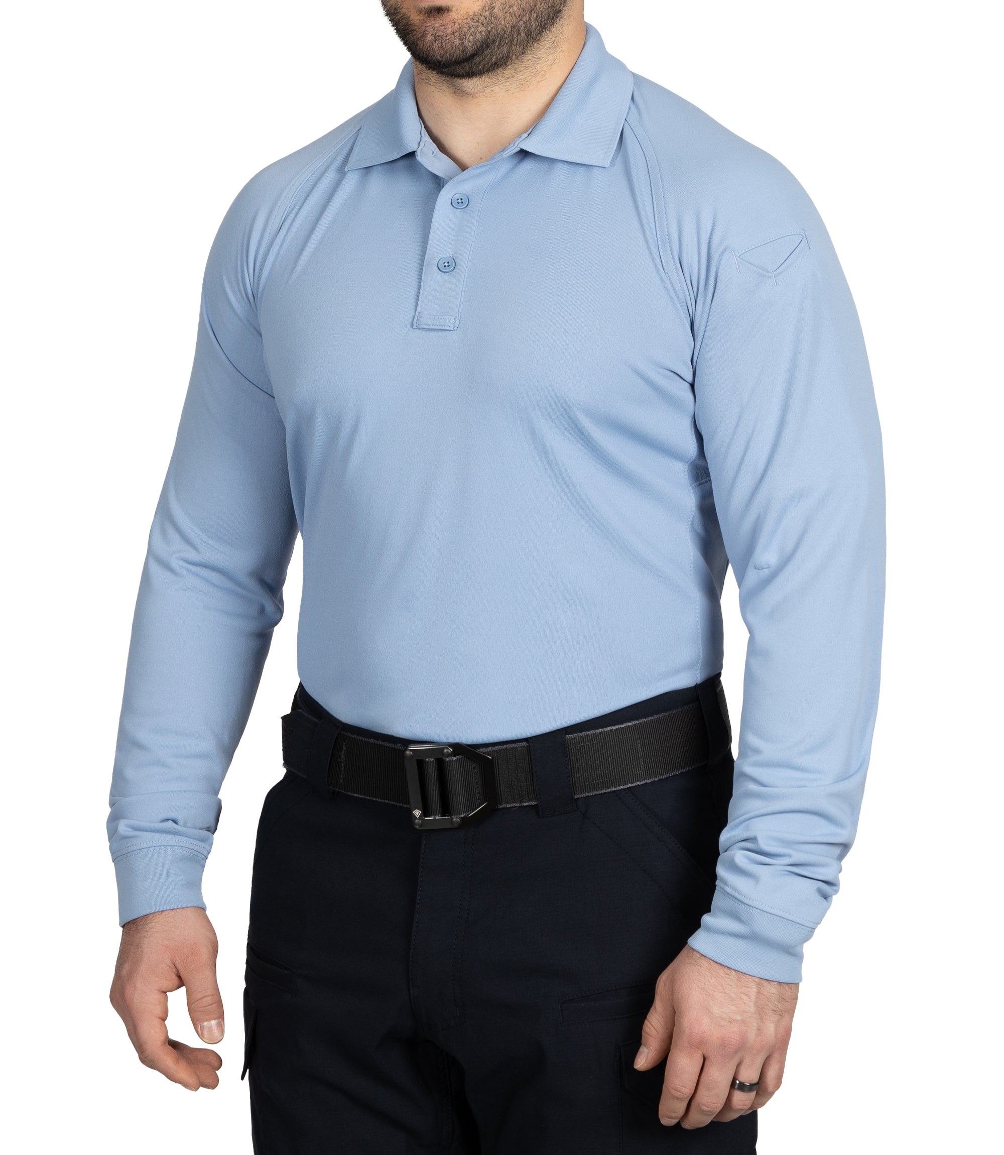 Side of Men's Performance Long Sleeve Polo in Medium Blue |color_medium blue
