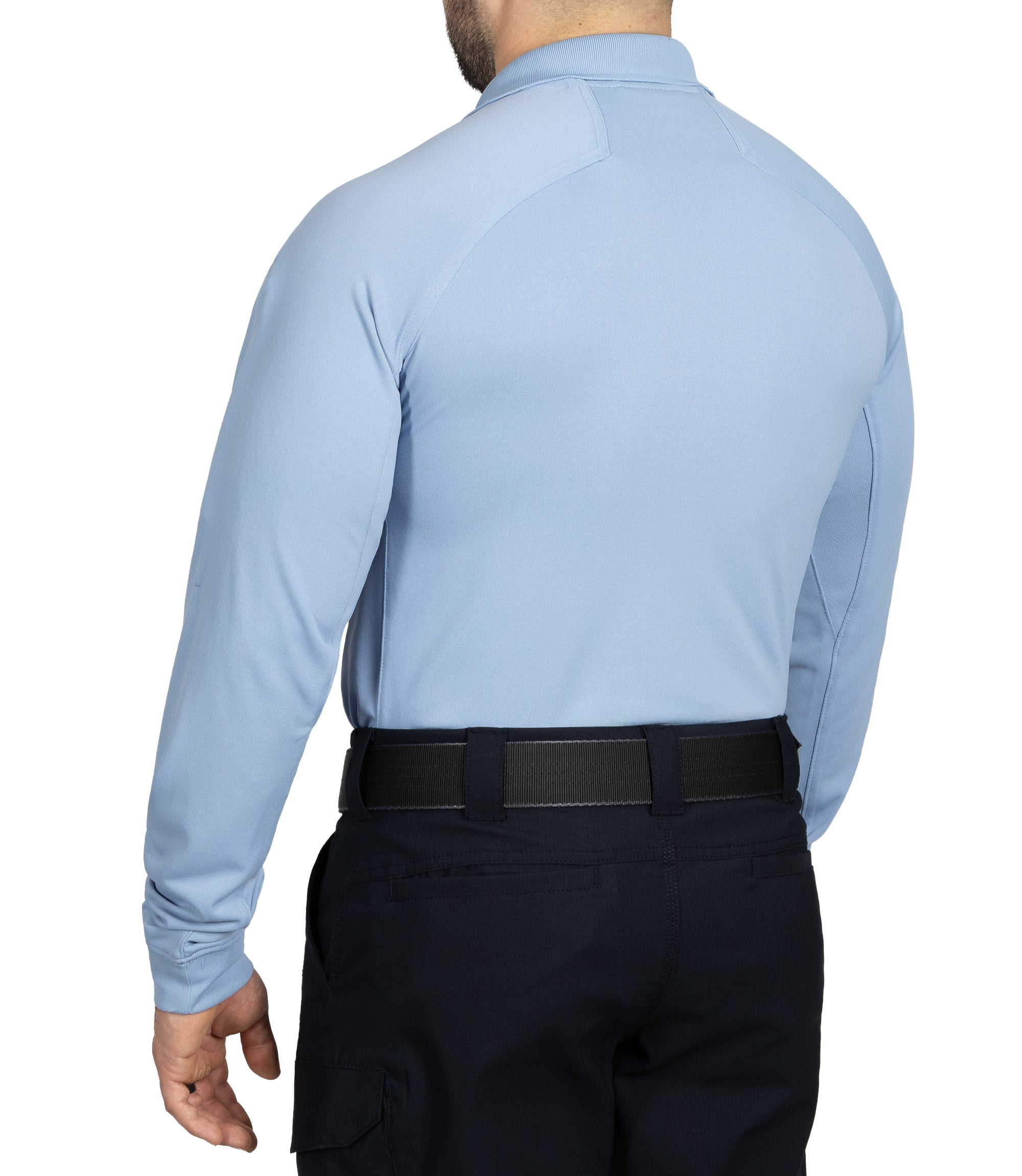 Side of Men's Performance Long Sleeve Polo in Medium Blue |color_medium blue
