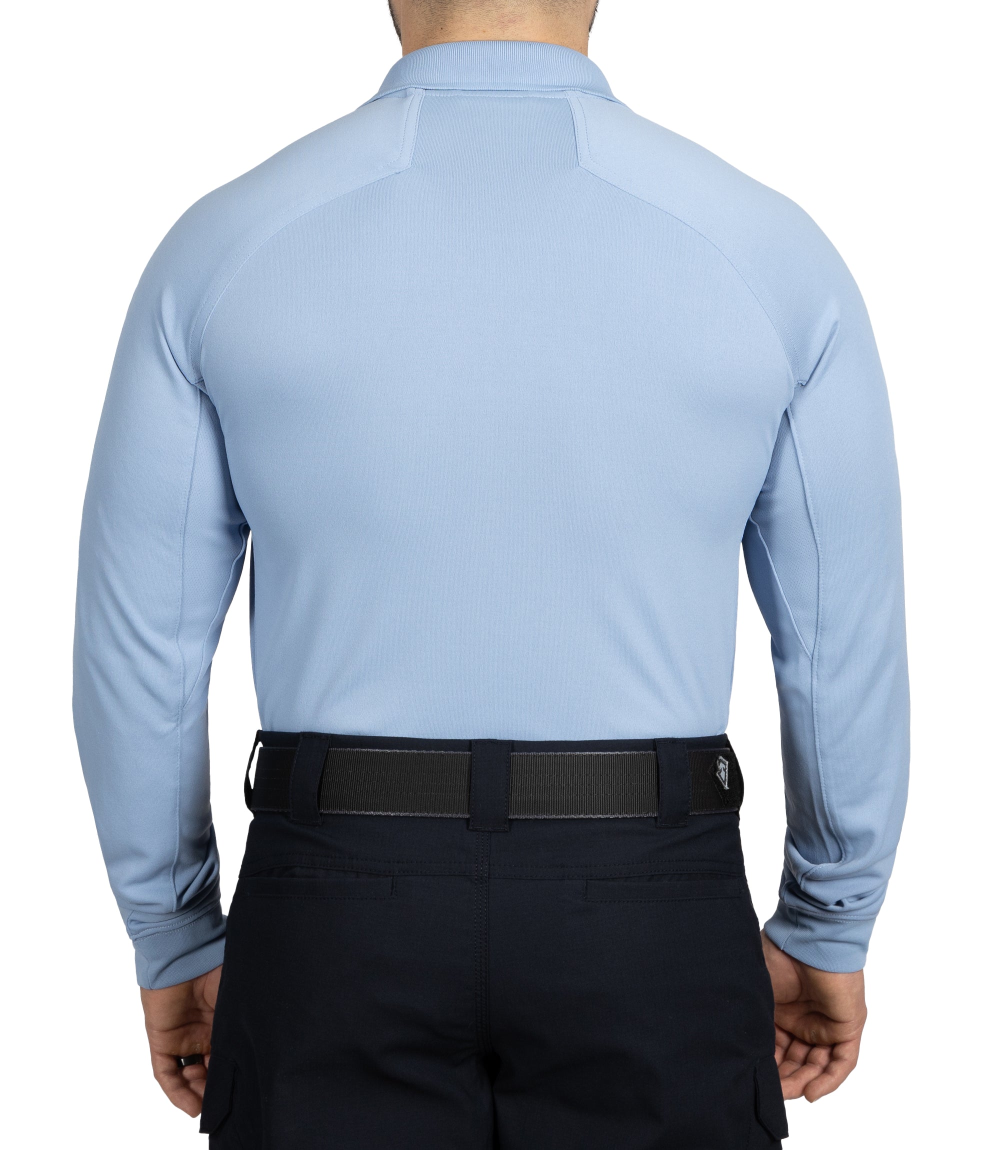 Back of Men's Performance Long Sleeve Polo in Medium Blue |color_medium blue