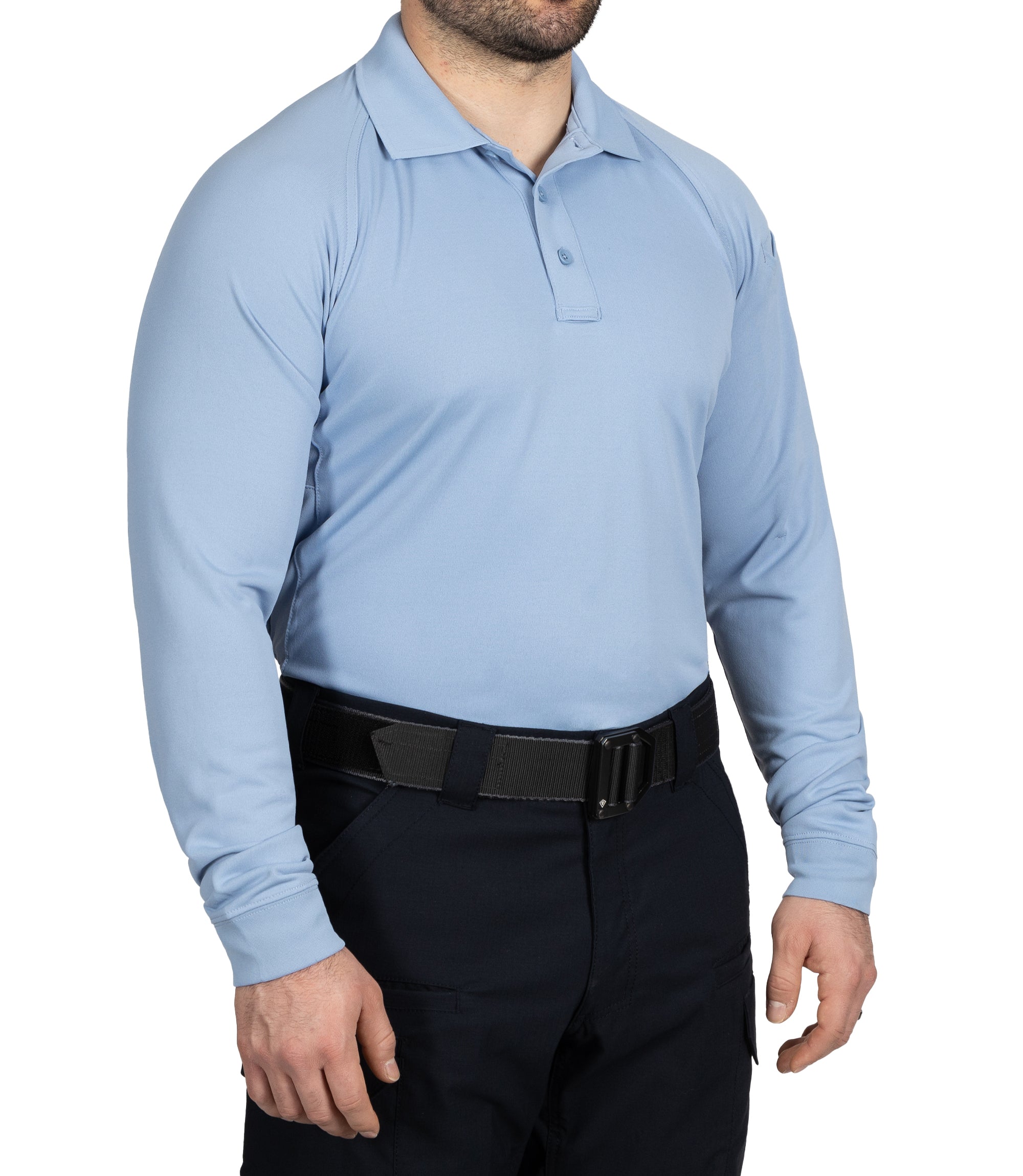 Side of Men's Performance Long Sleeve Polo in Medium Blue |color_medium blue