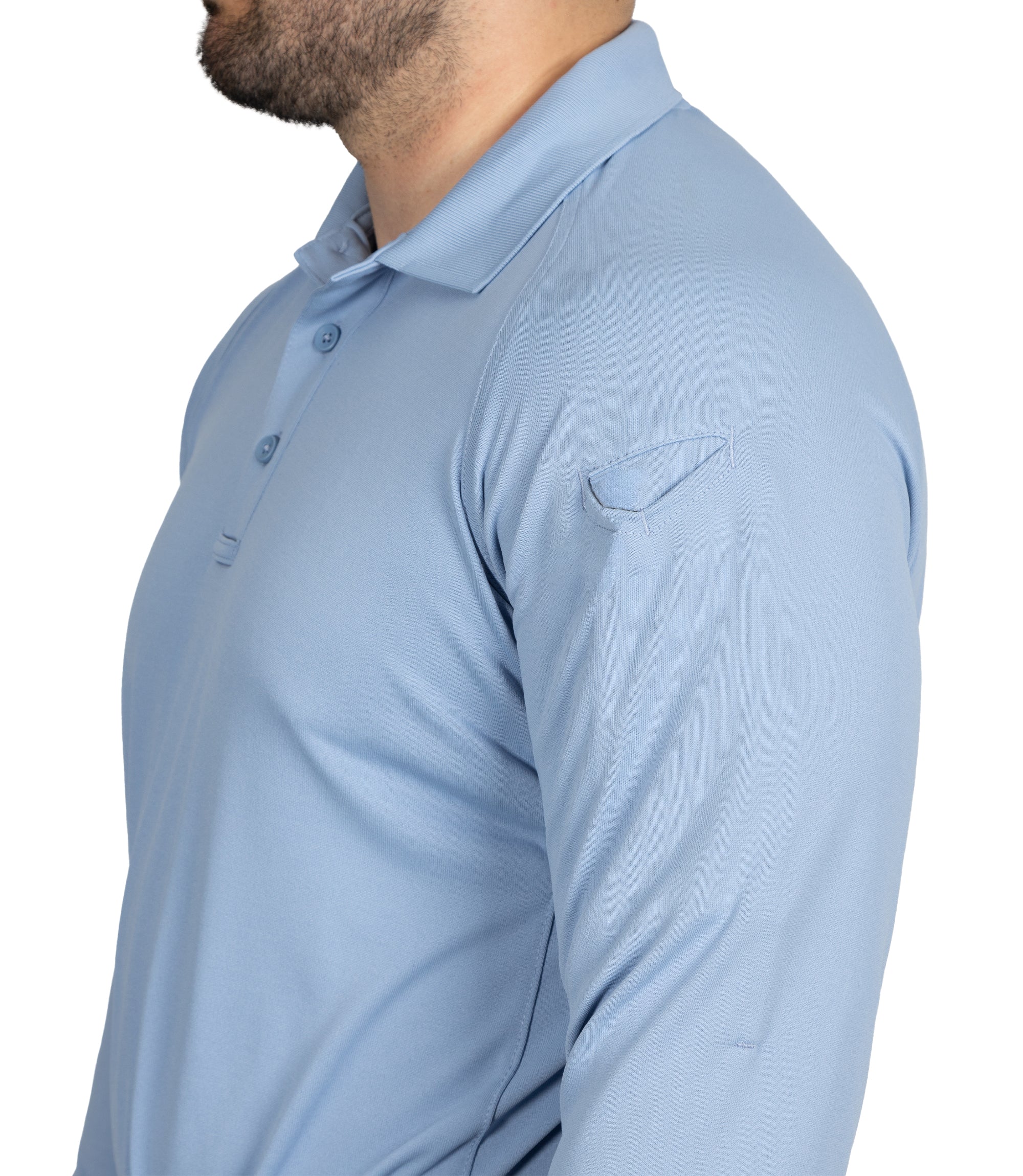 Pen Pocket of Men's Performance Long Sleeve Polo in Medium Blue |color_medium blue