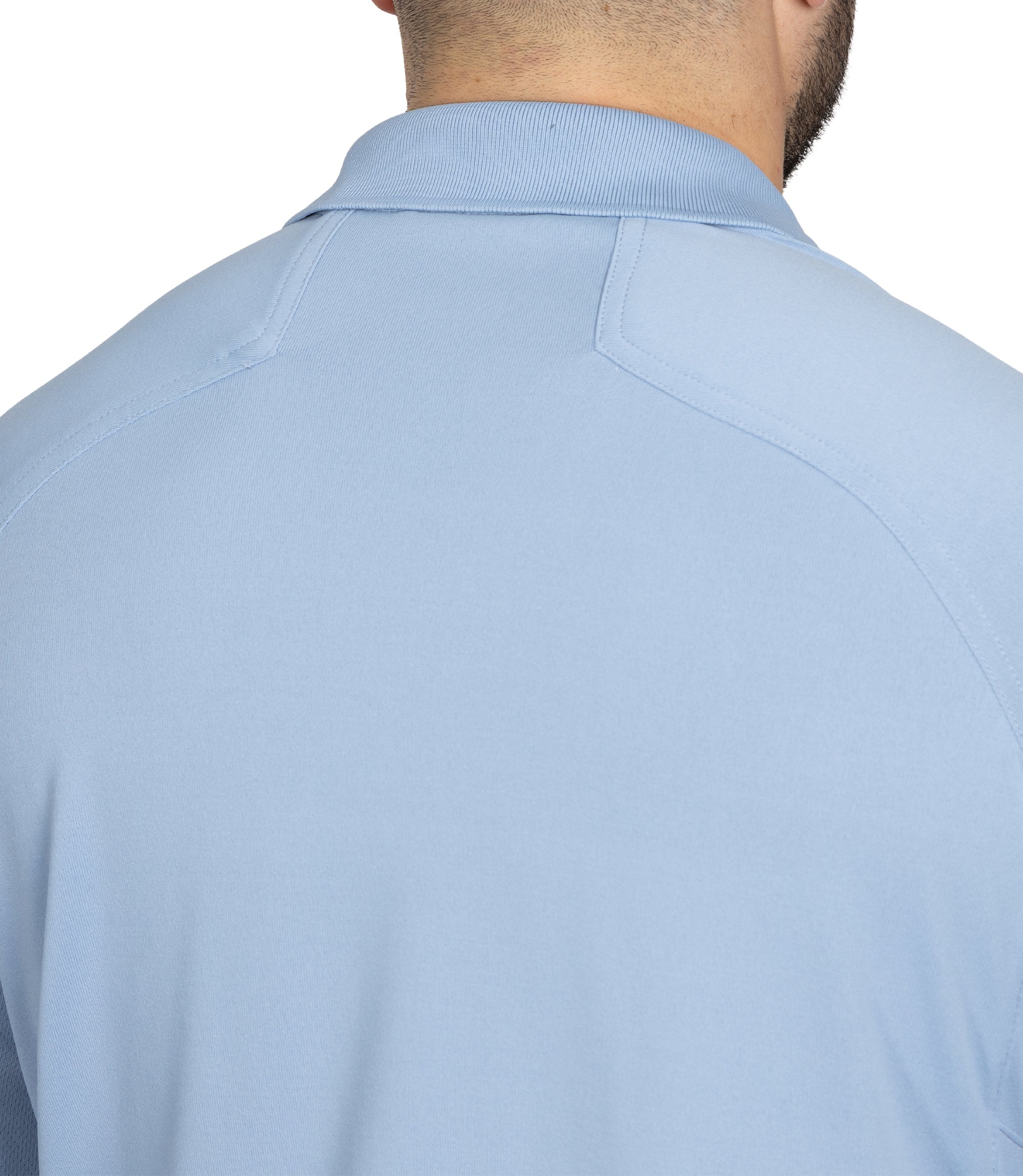 Closeup Back of Men's Performance Long Sleeve Polo in Medium Blue |color_medium blue