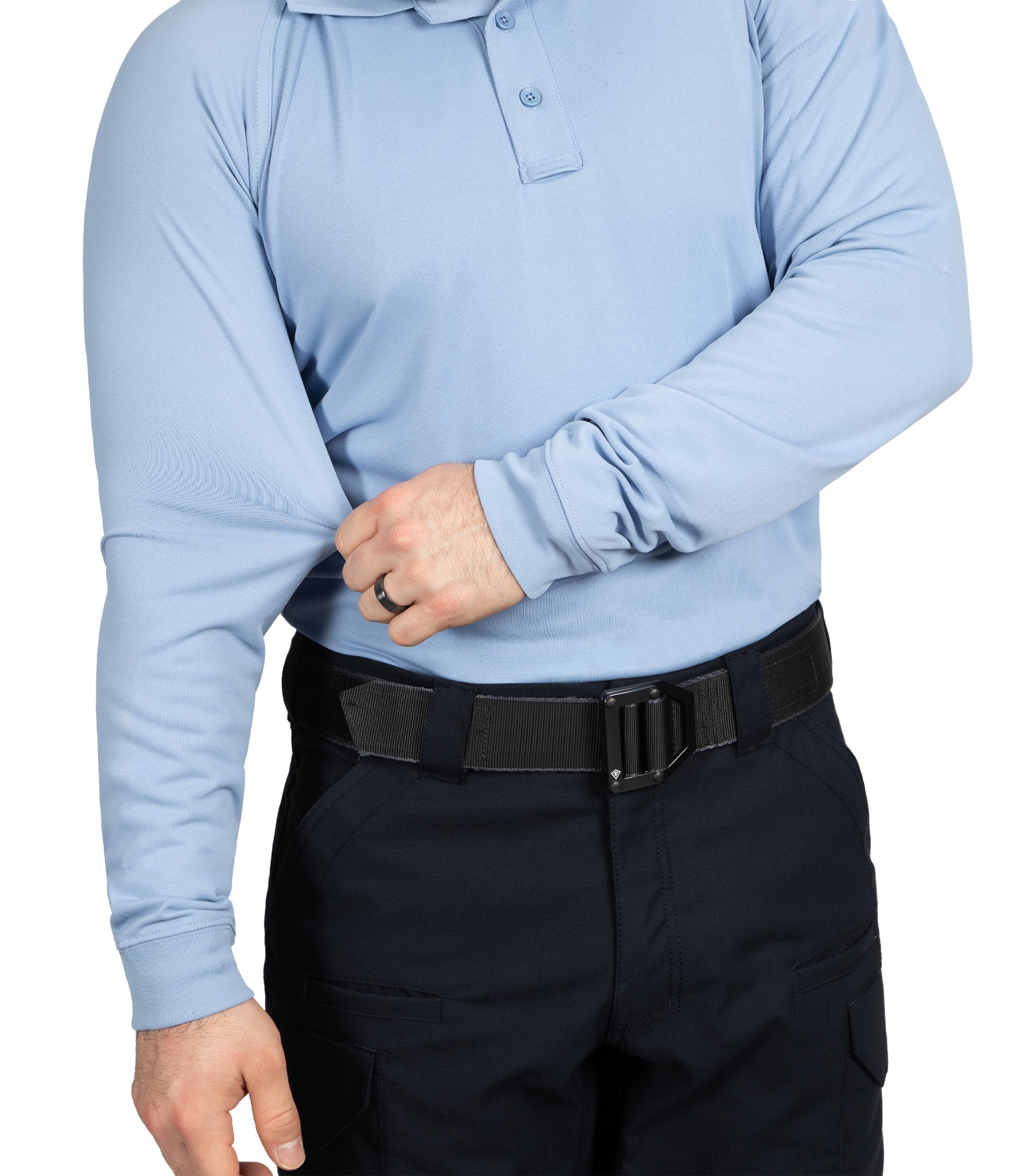 Sleeve stretch of Men's Performance Long Sleeve Polo in Medium Blue |color_medium blue