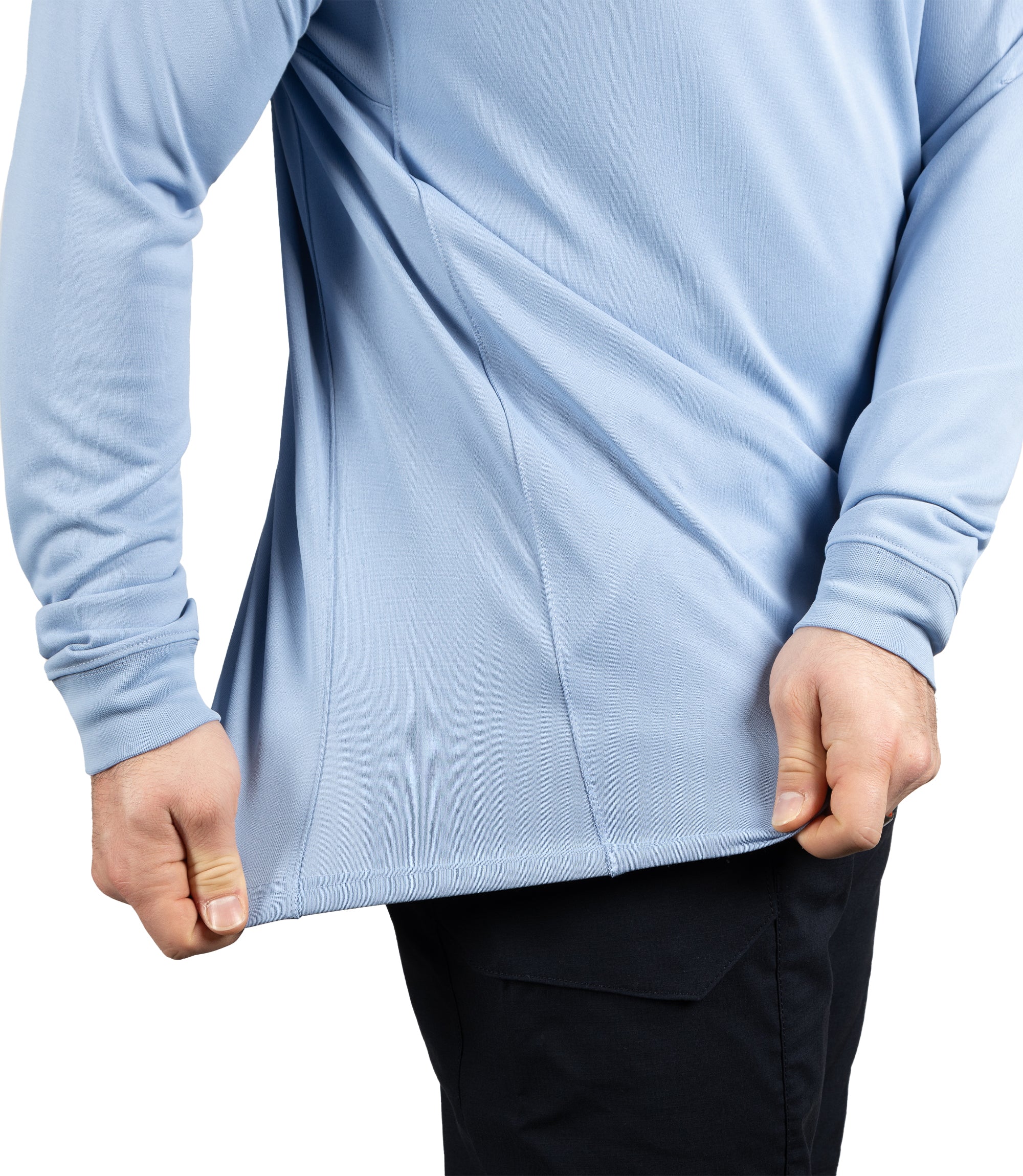 Torso stretch of Men's Performance Long Sleeve Polo in Medium Blue |color_medium blue