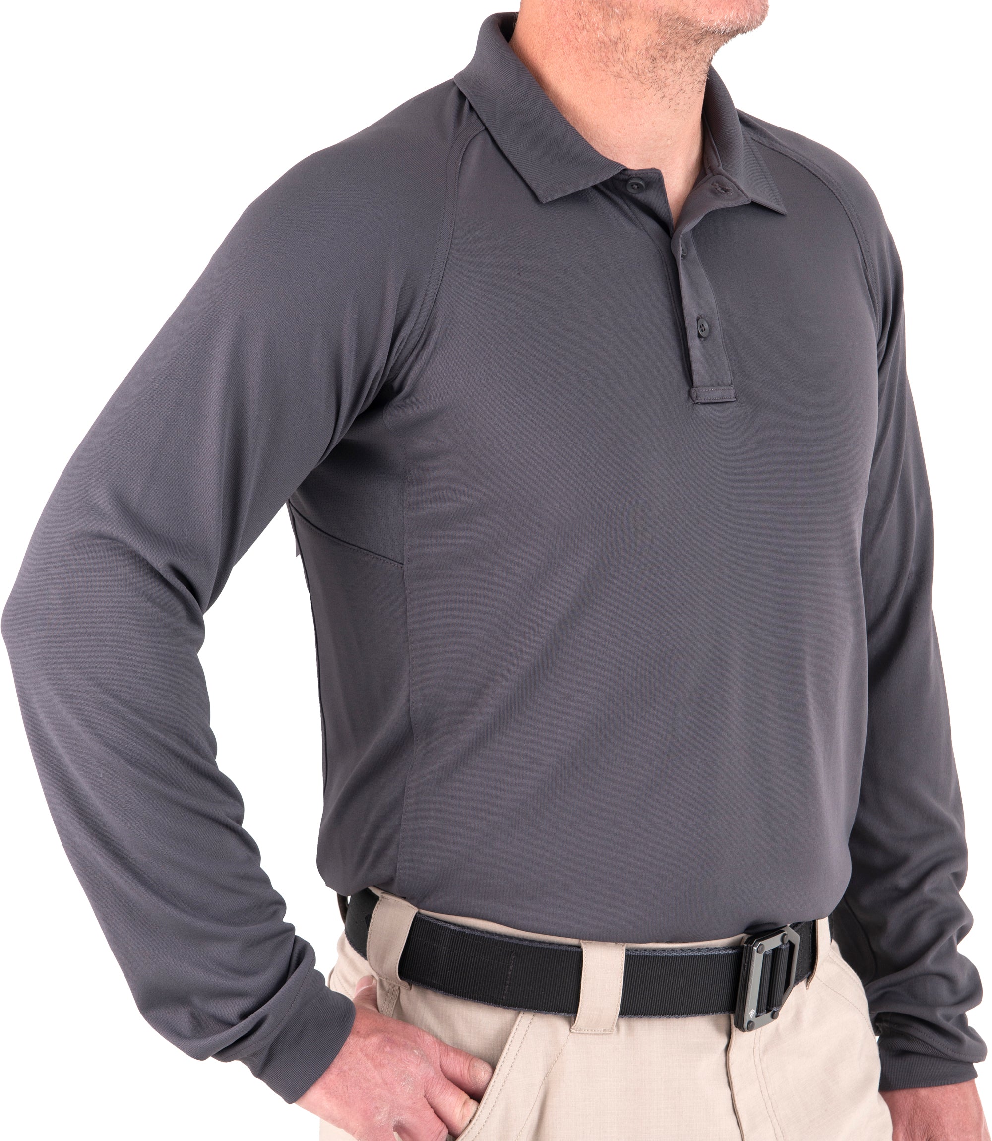 Side of Men's Performance Long Sleeve Polo in Asphalt |color_asphalt