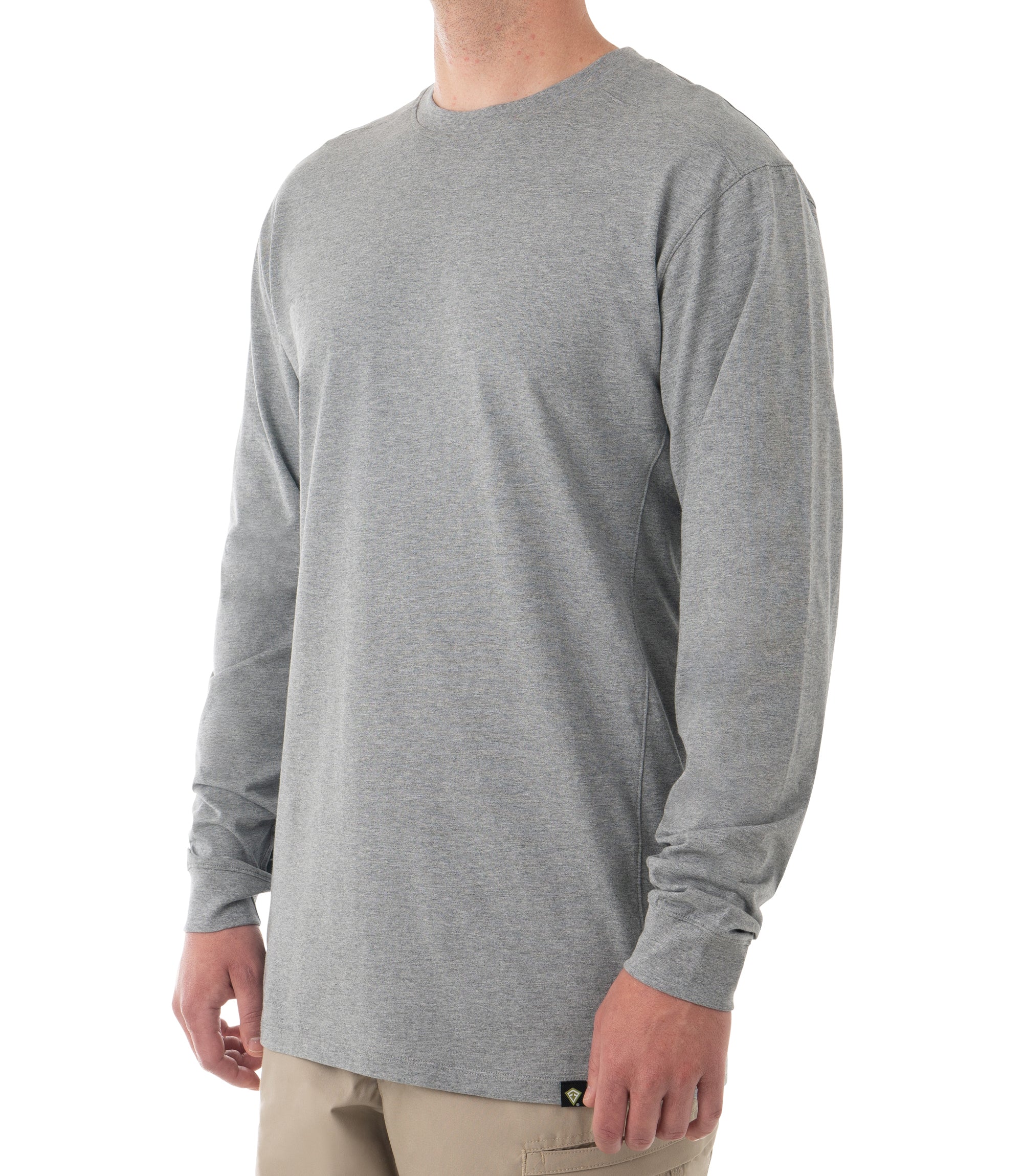 Side of Men's Tactix Series Cotton Long Sleeve T-Shirt in Heather Gray |color_heather grey