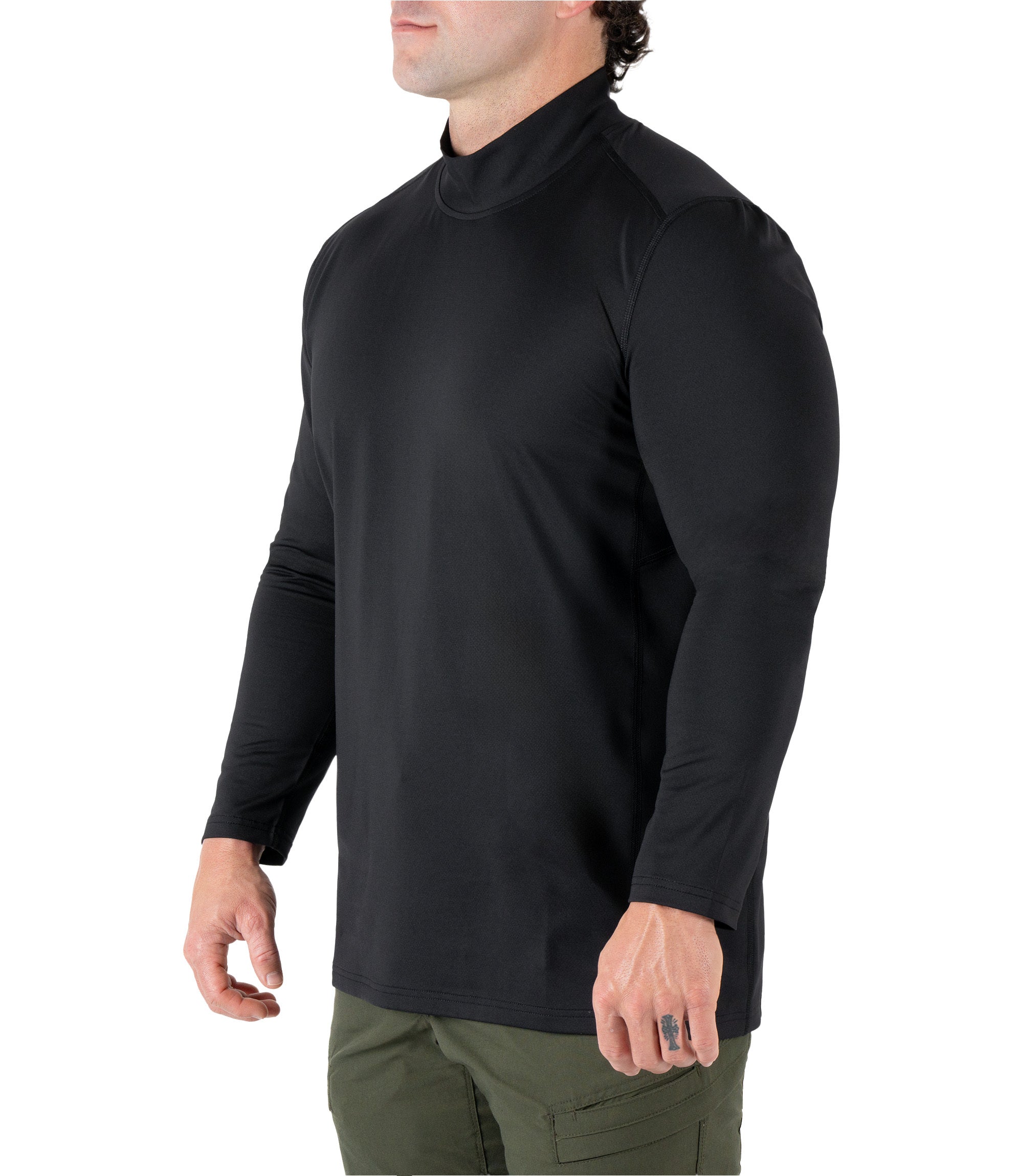 Front left side front 1/4 view of the Men's Long Sleeve Mock Neck in color black |color_black