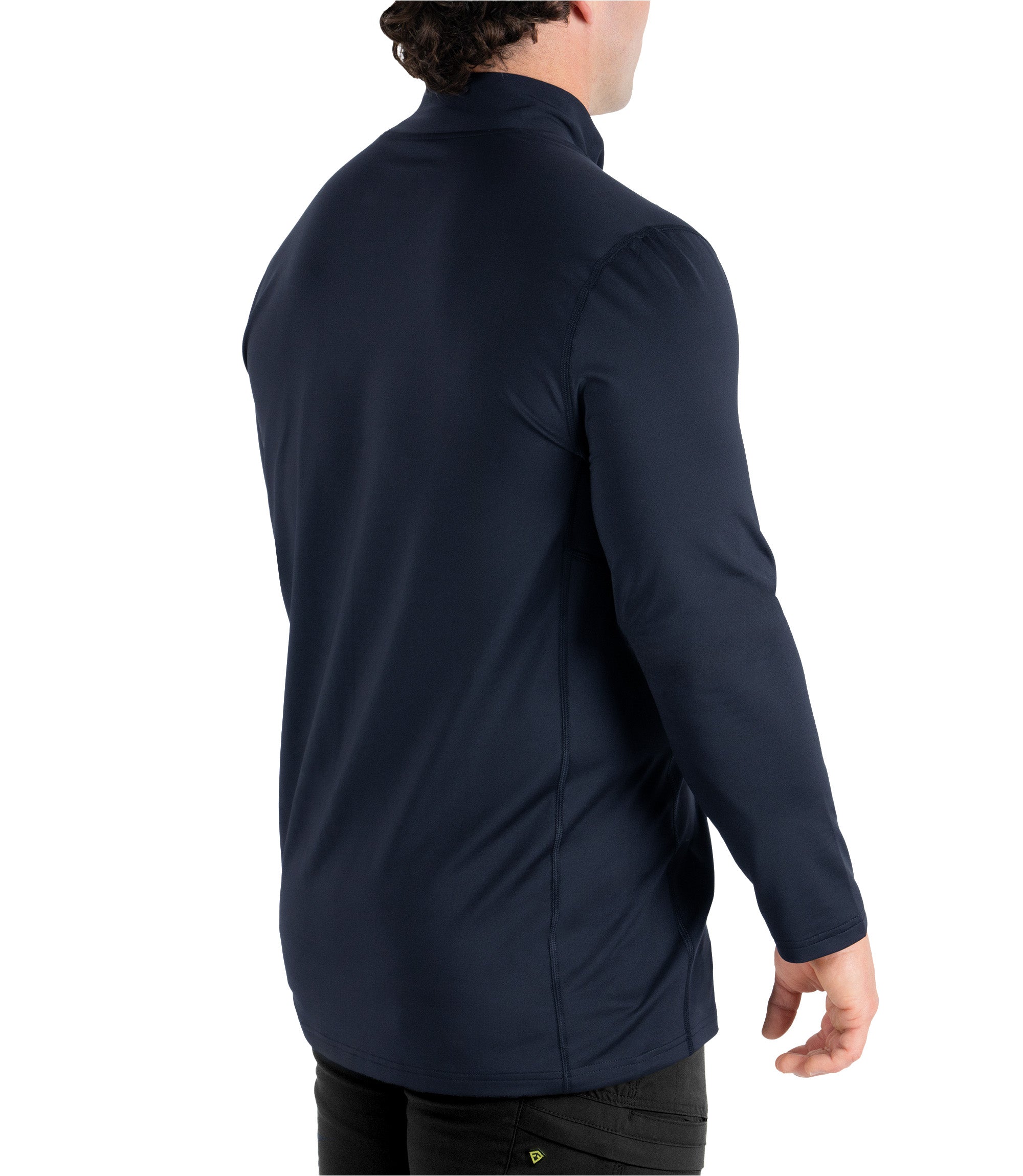 Back right side 1/4 view of the Men's Long Sleeve Mock Neck in color midnight navy|color_midnight navy