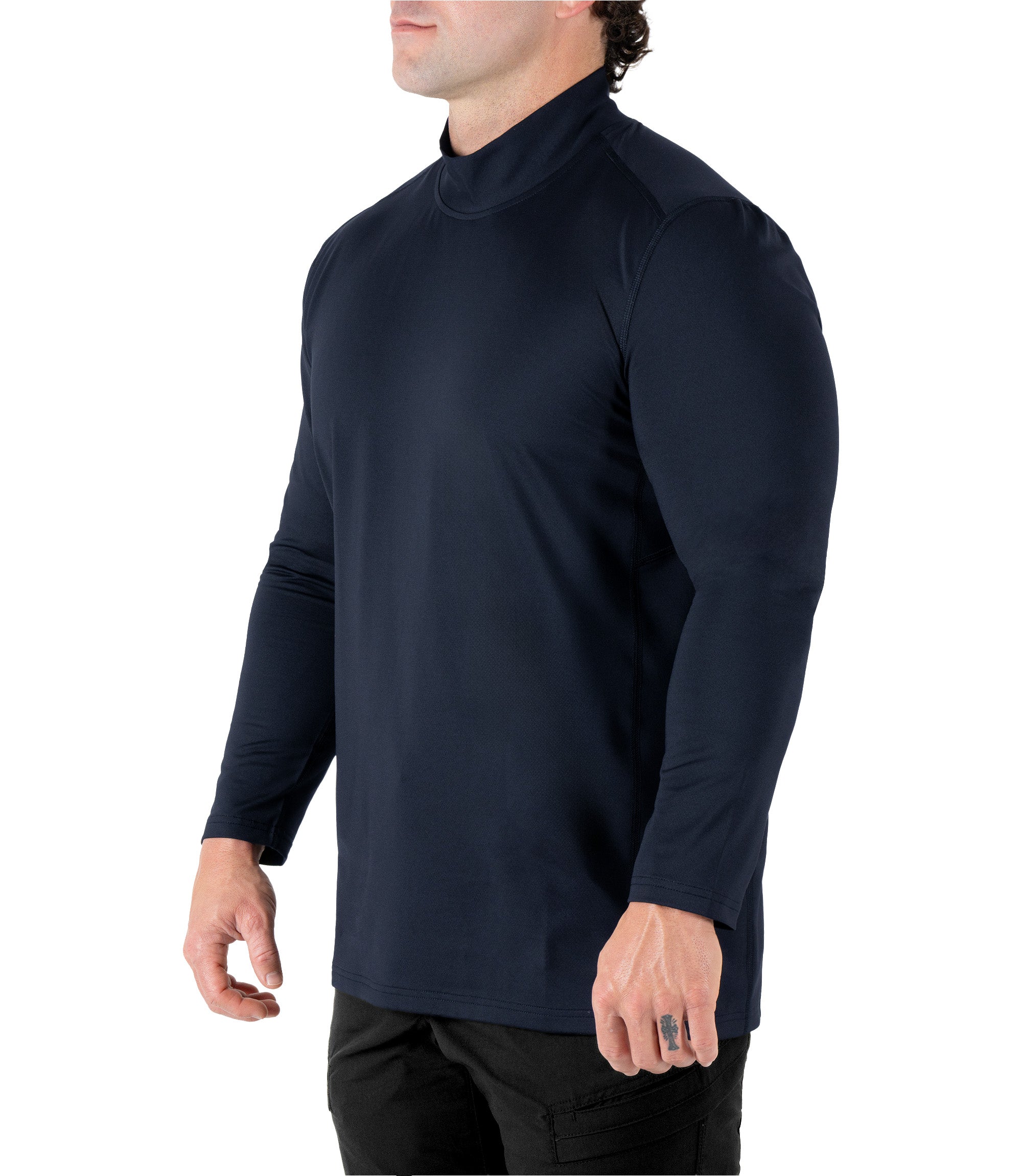 Front left side front 1/4 view of the Men's Long Sleeve Mock Neck in color midnight navy|color_midnight navy