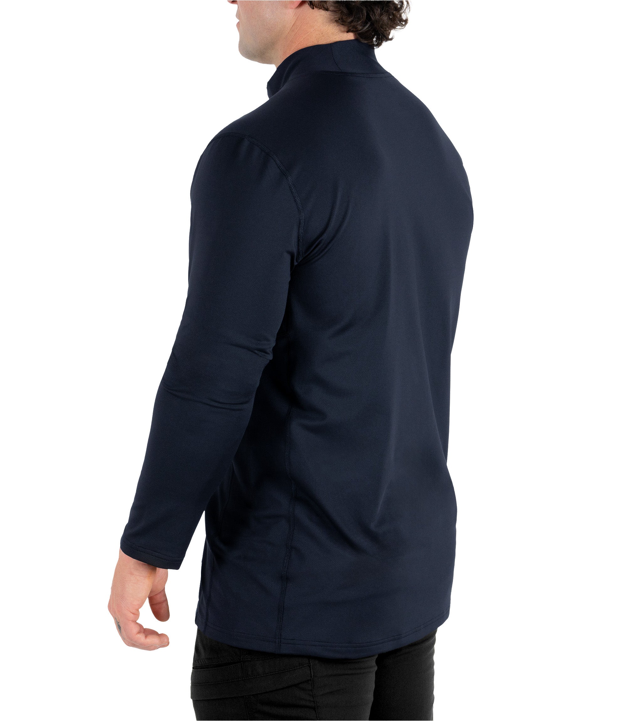 Back left side 1/4 view of the Men's Long Sleeve Mock Neck in color midnight navy|color_midnight navy
