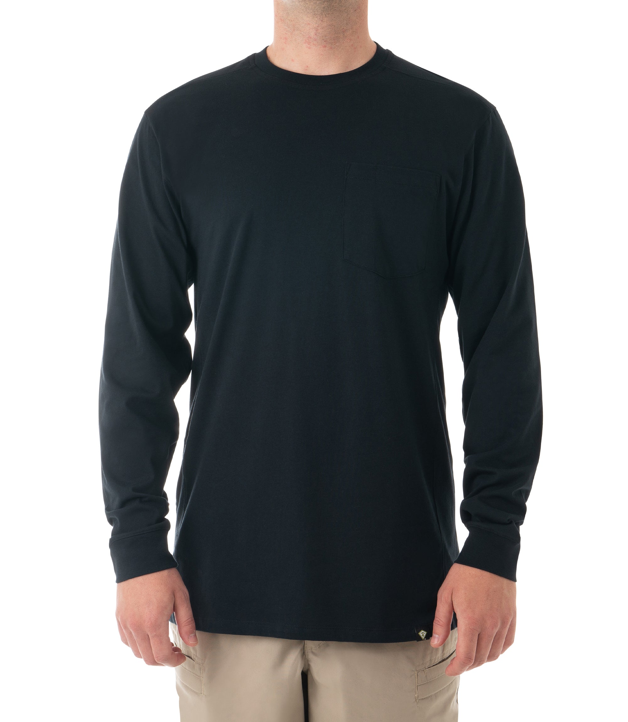 Front of Men's Tactix Series Cotton Long Sleeve T-Shirt with Chest Pocket in Midnight Navy |color_midnight navy