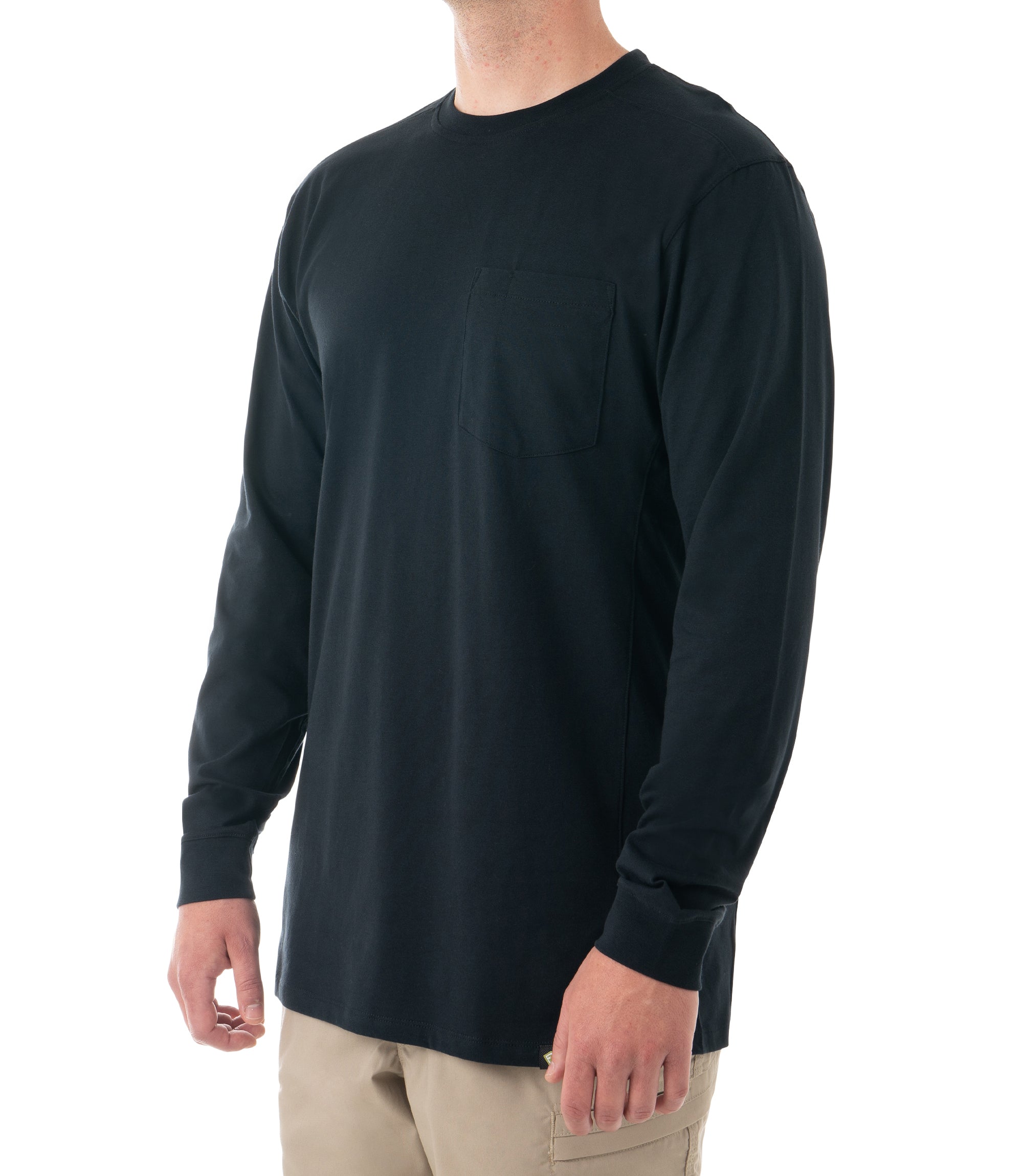 Side of Men's Tactix Series Cotton Long Sleeve T-Shirt with Chest Pocket in Midnight Navy |color_midnight navy