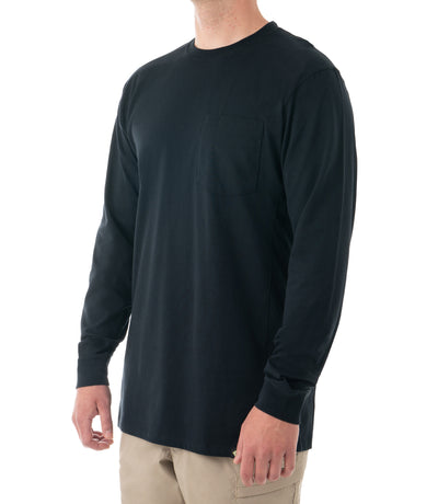 Side of Men's Tactix Series Cotton Long Sleeve T-Shirt with Chest Pocket in Midnight Navy
