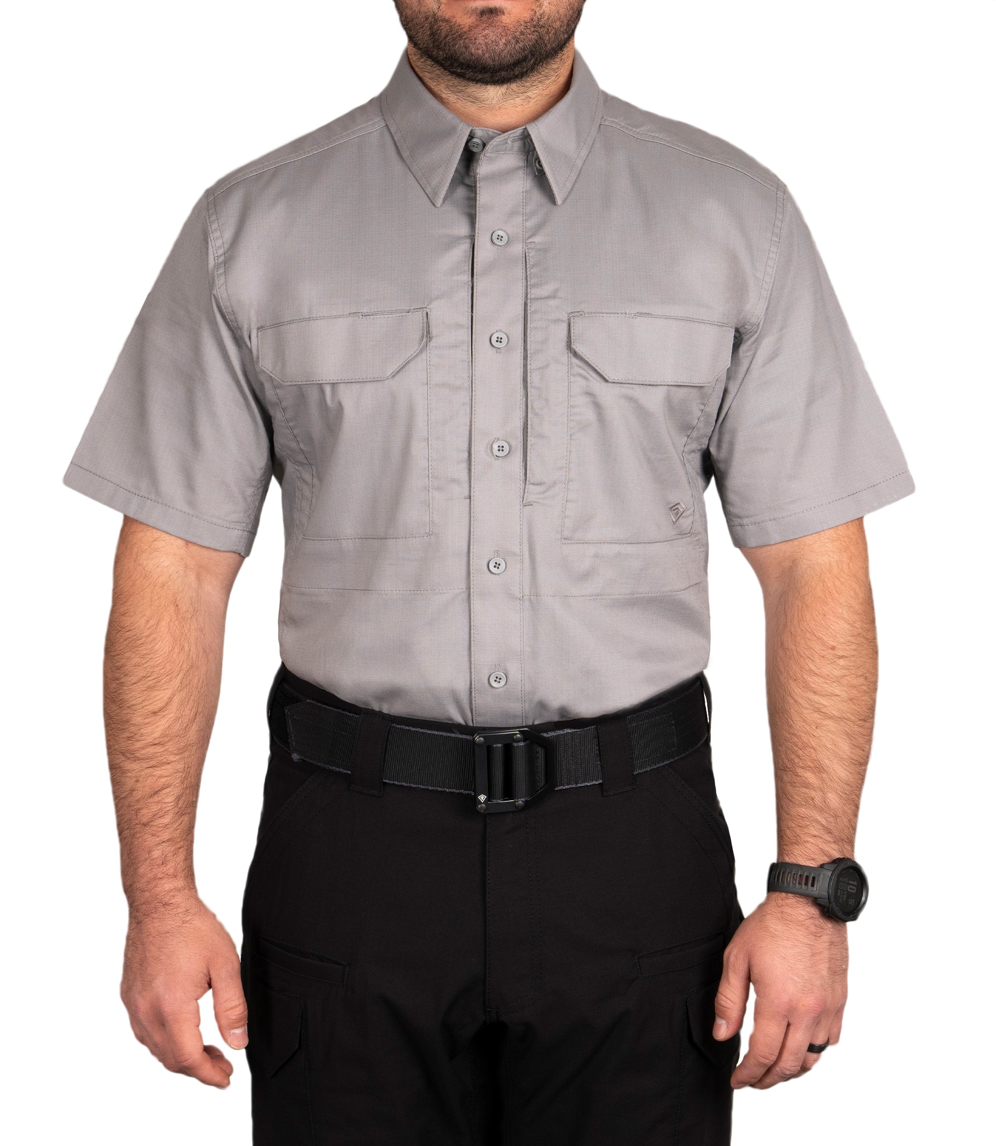 Front of Men's V2 Tactical Short Sleeve Shirt in Nickel Grey |color_nickel grey