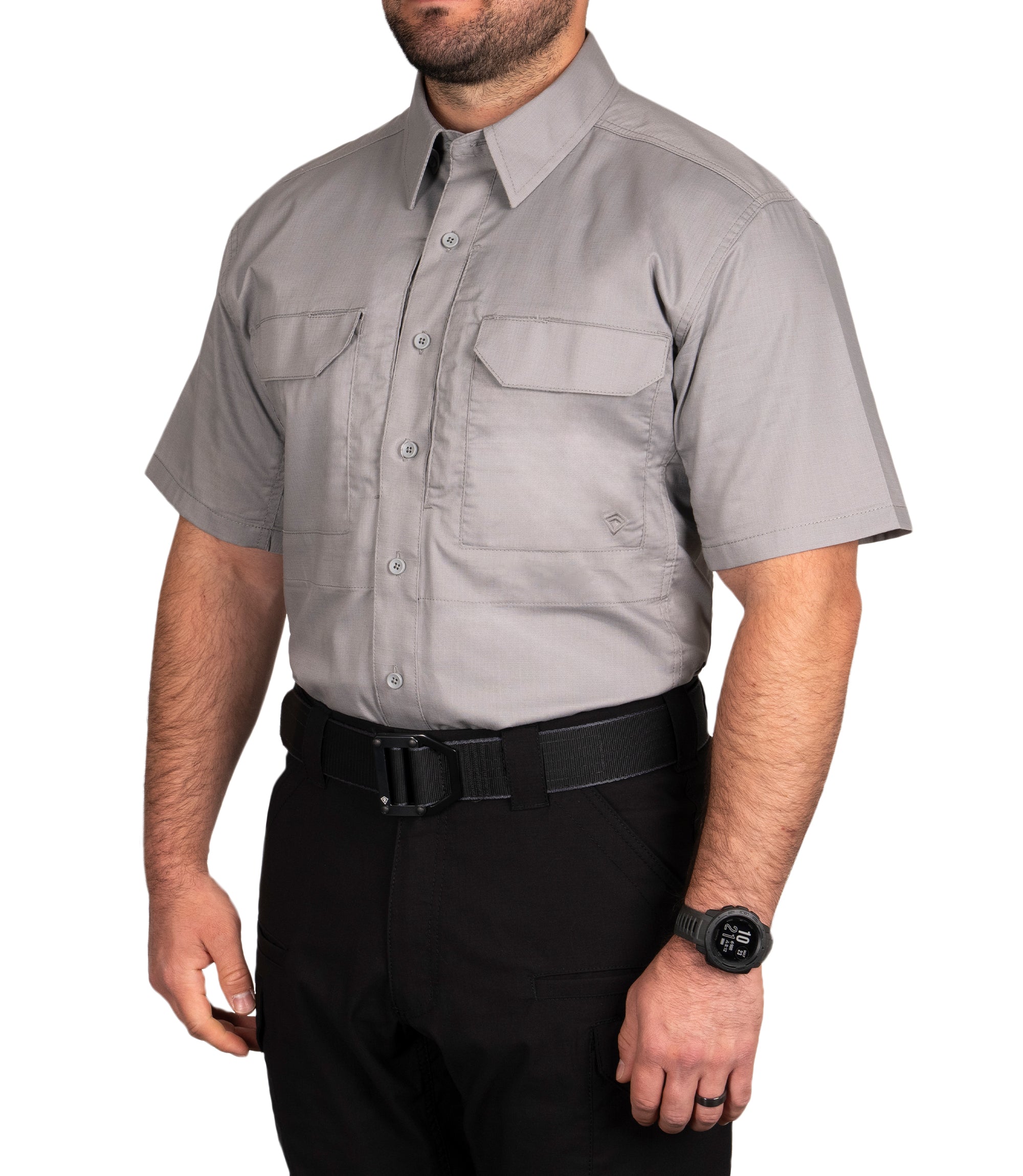 Front 1/4 Angle of Men's V2 Tactical Short Sleeve Shirt in Nickel Grey |color_nickel grey