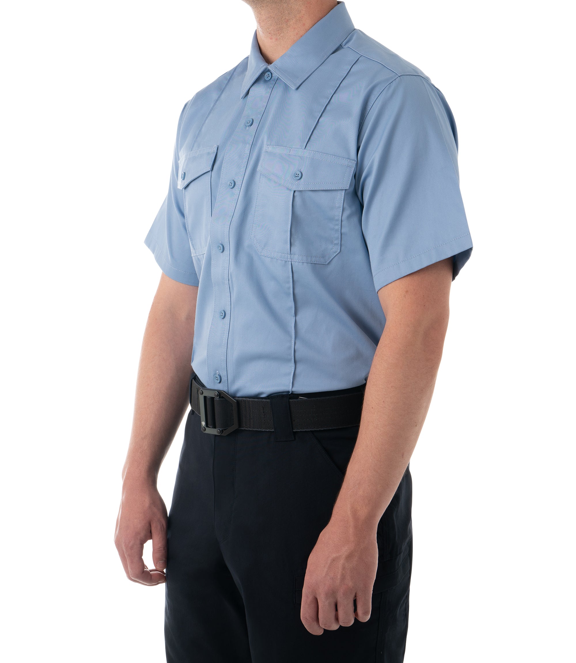 Side of Men's Cotton Station Short Sleeve Shirt in Medium Blue |color_medium blue