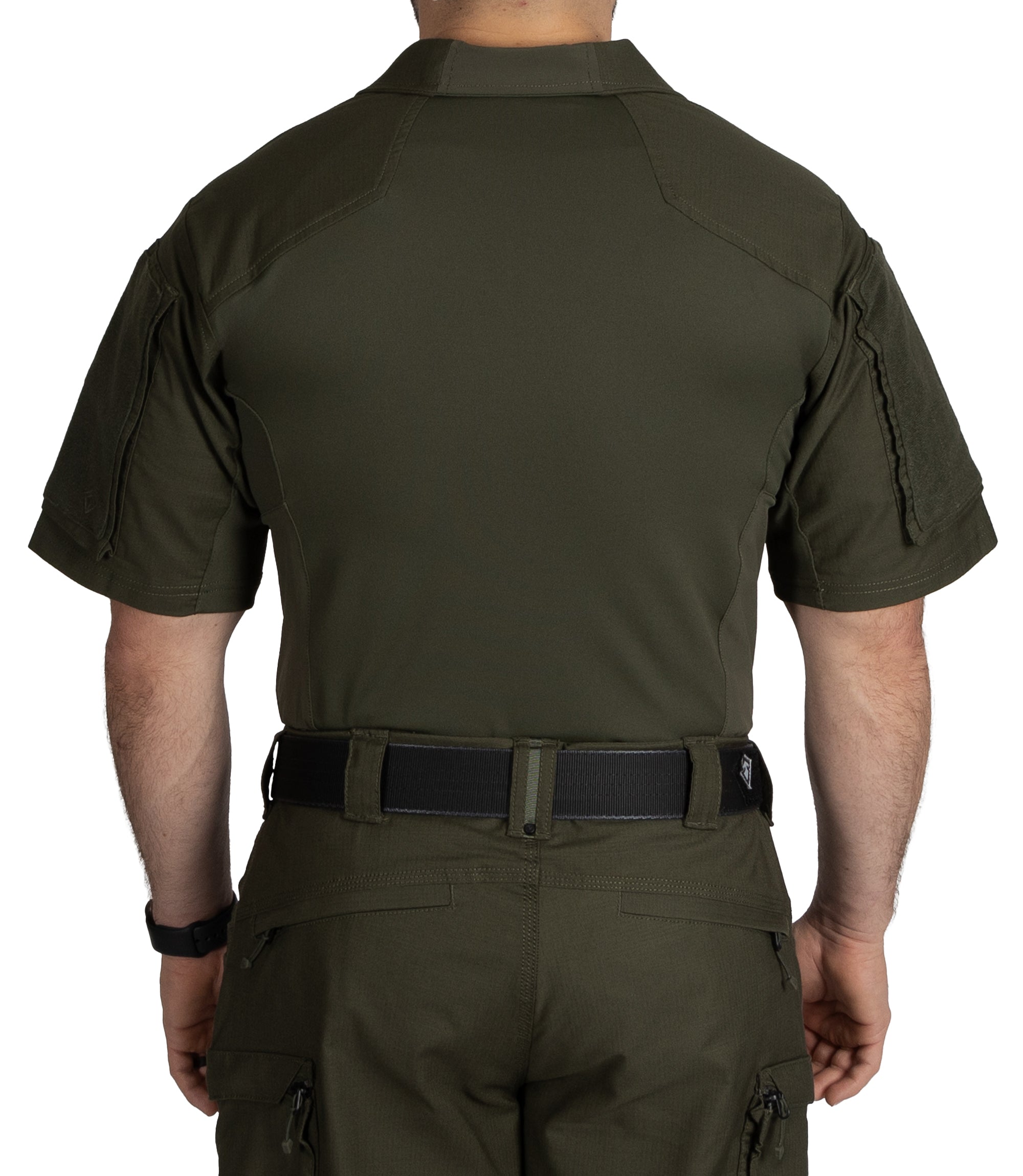 Back of Men's Defender Short Sleeve Shirt in OD Green |color_OD Green
