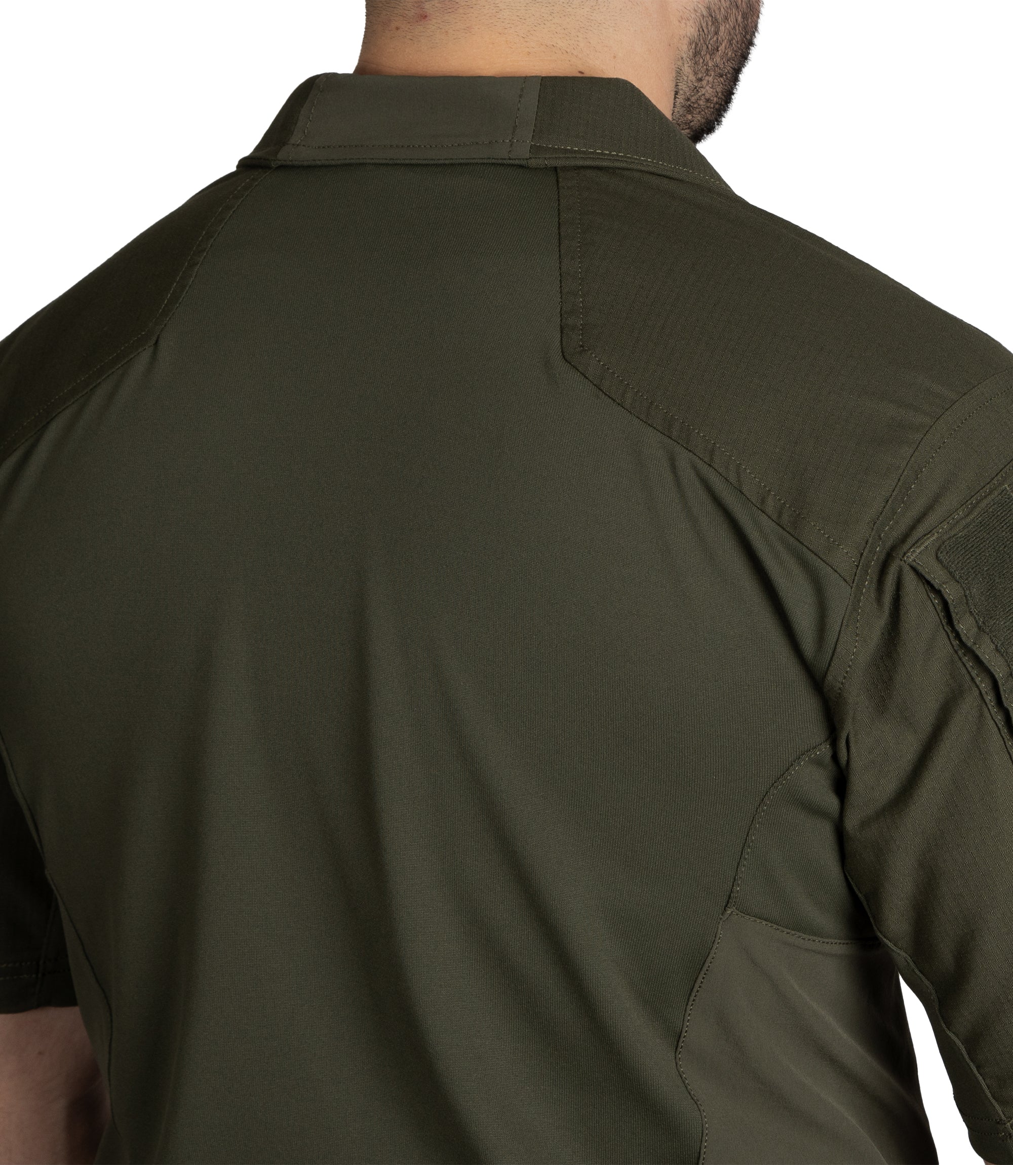 Close Up of Split Yoke on Defender Short Sleeve Shirt in OD Green |color_OD Green
