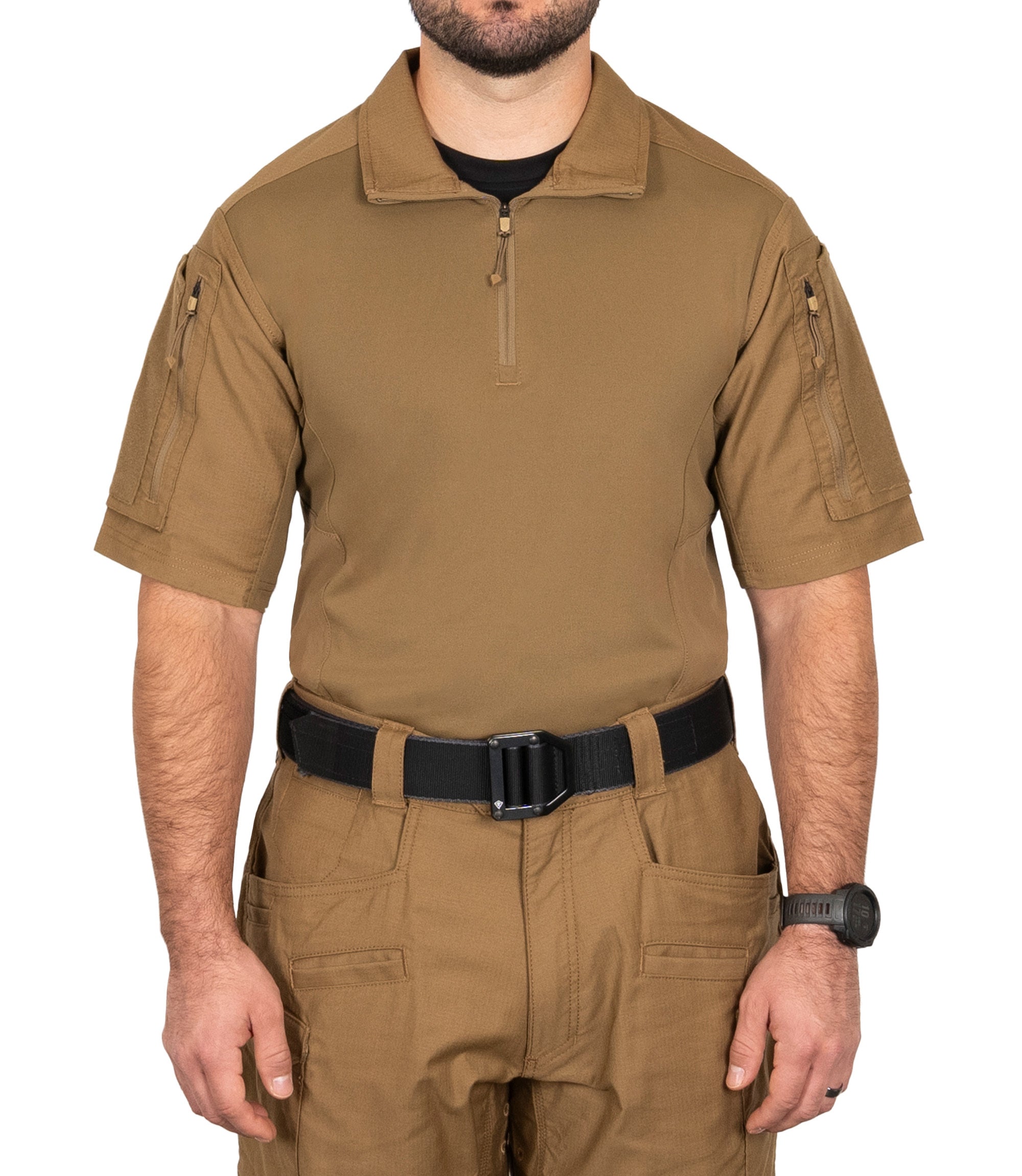 Front of Men's Defender Short Sleeve Shirt in Coyote Brown |color_coyote brown