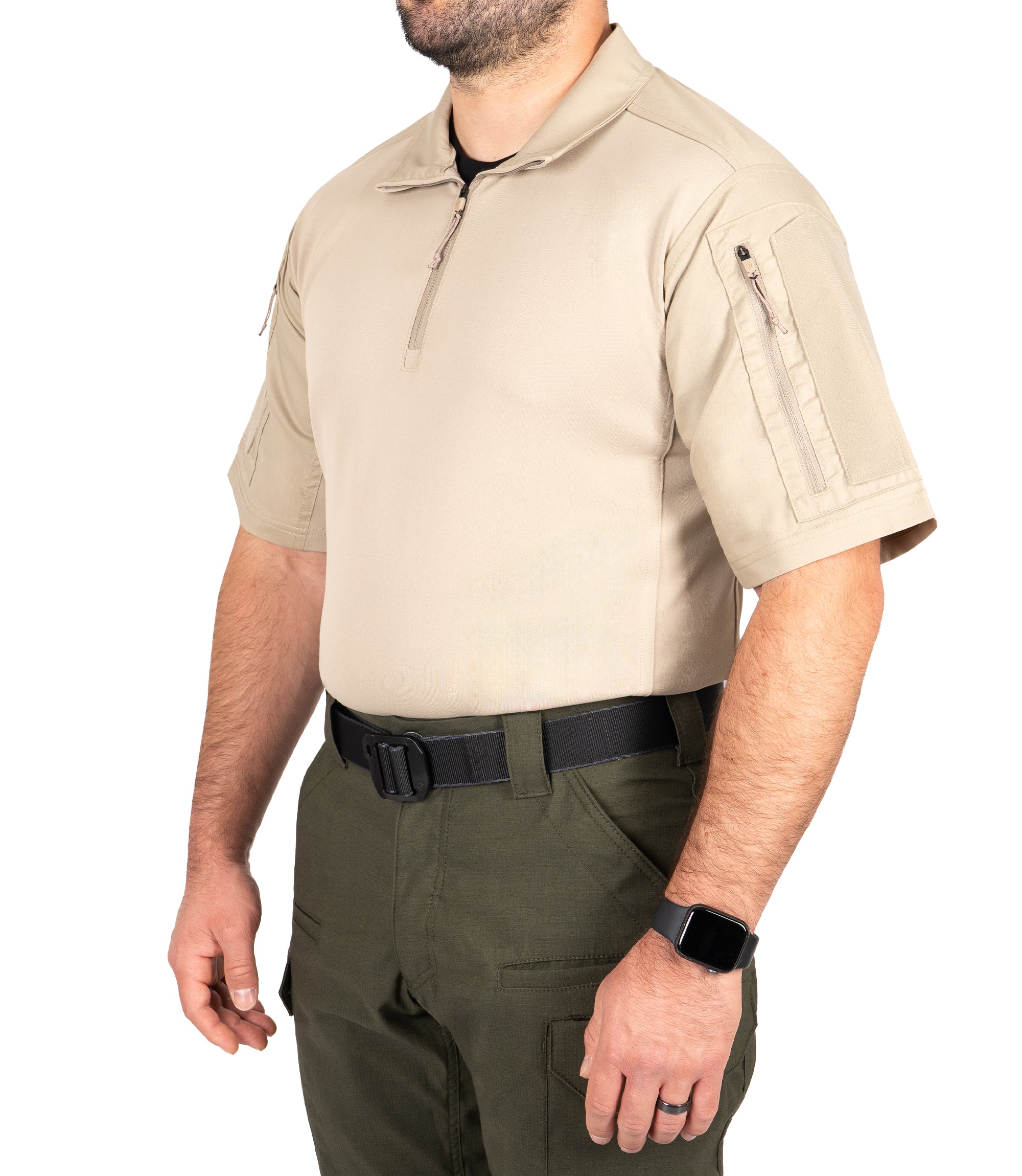 Front Side of Men's V2 Responder Short Sleeve Shirt in Silver Tan |color_silver tan