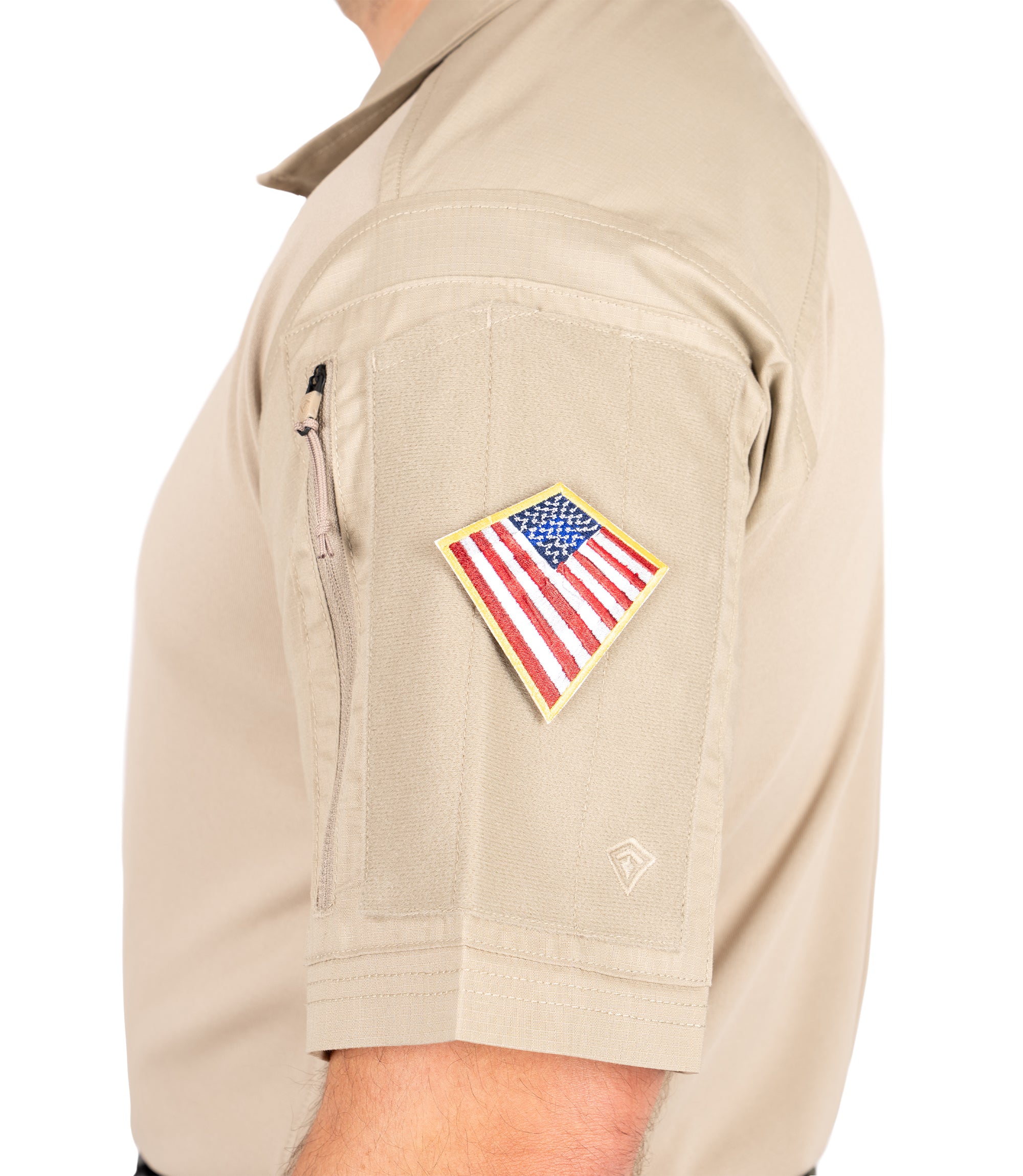 Side patch embellishment of Men's V2 Responder Short Sleeve Shirt in Silver Tan |color_silver tan