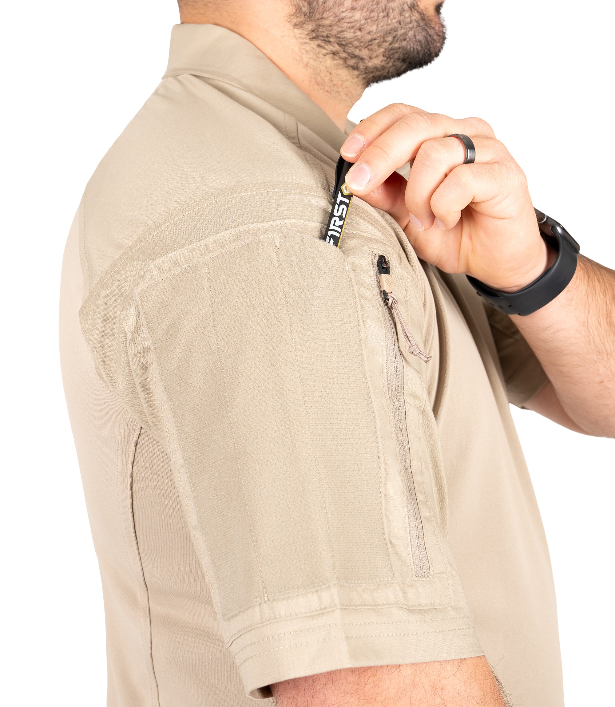 Side pen pocket of Men's V2 Responder Short Sleeve Shirt in Silver Tan |color_silver tan