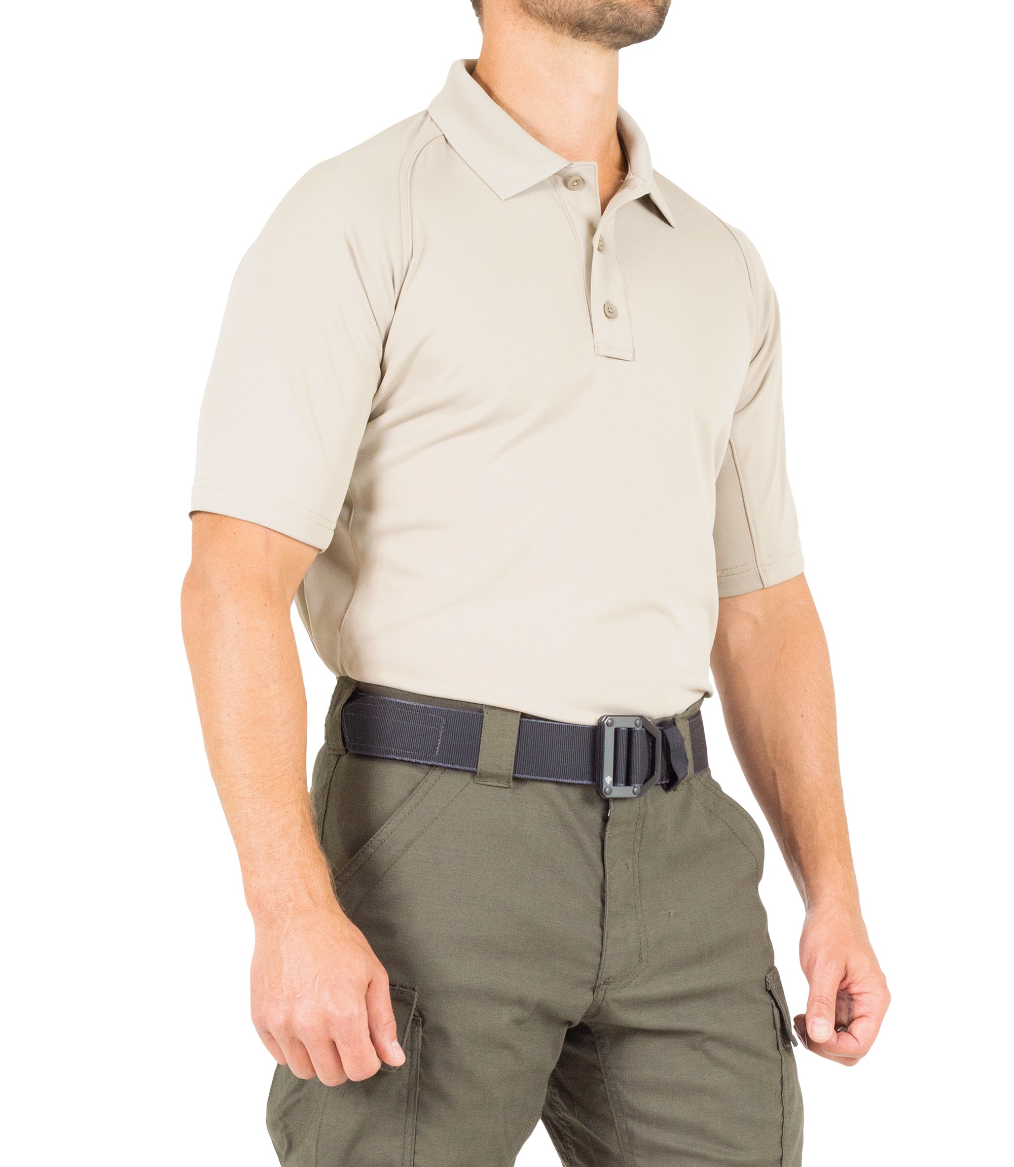 Side of Men's Performance Short Sleeve Polo in Silver Tan |color_silver tan