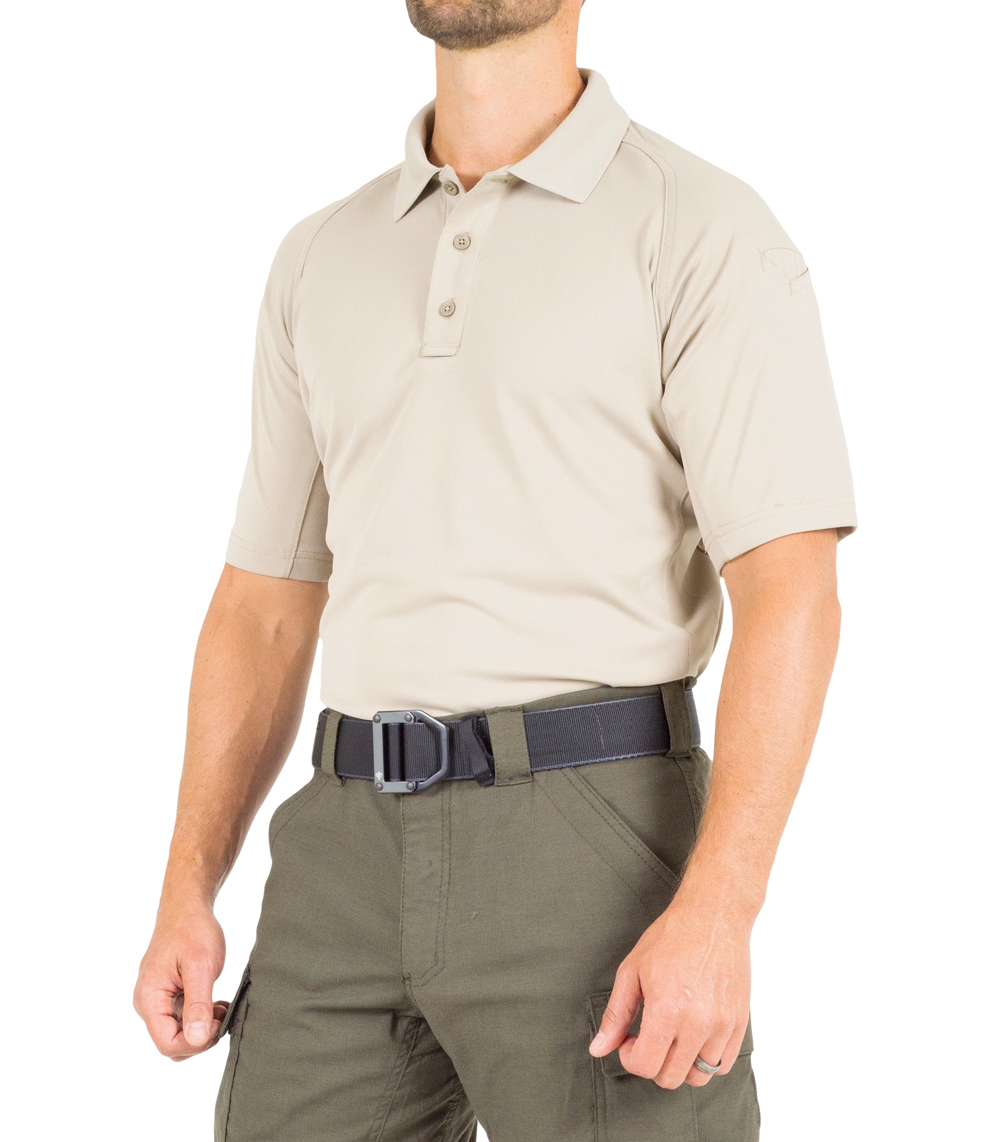 Side of Men's Performance Short Sleeve Polo in Silver Tan |color_silver tan