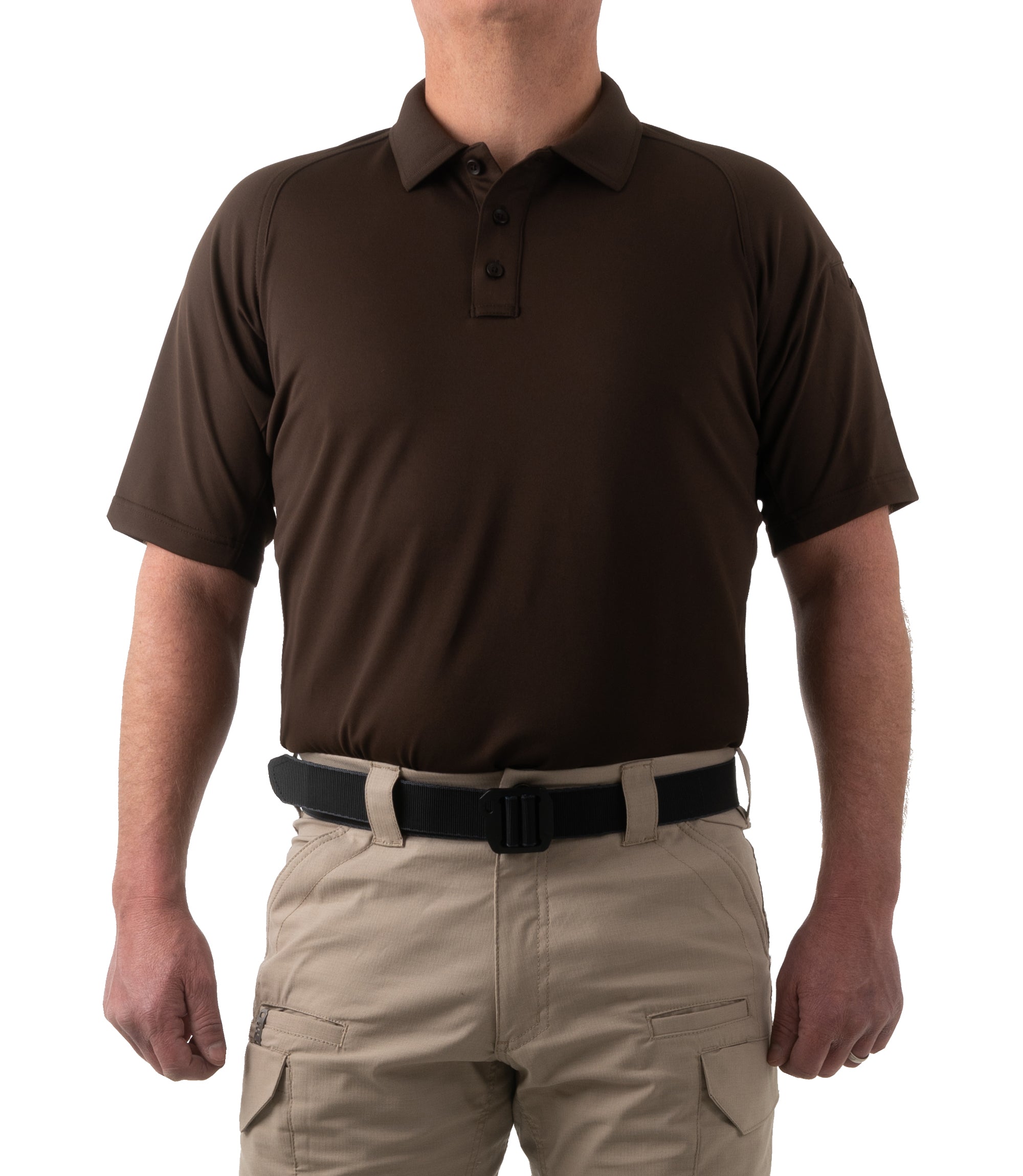 Front of Men's Performance Short Sleeve Polo in Kodiak Brown |color_kodiak brown