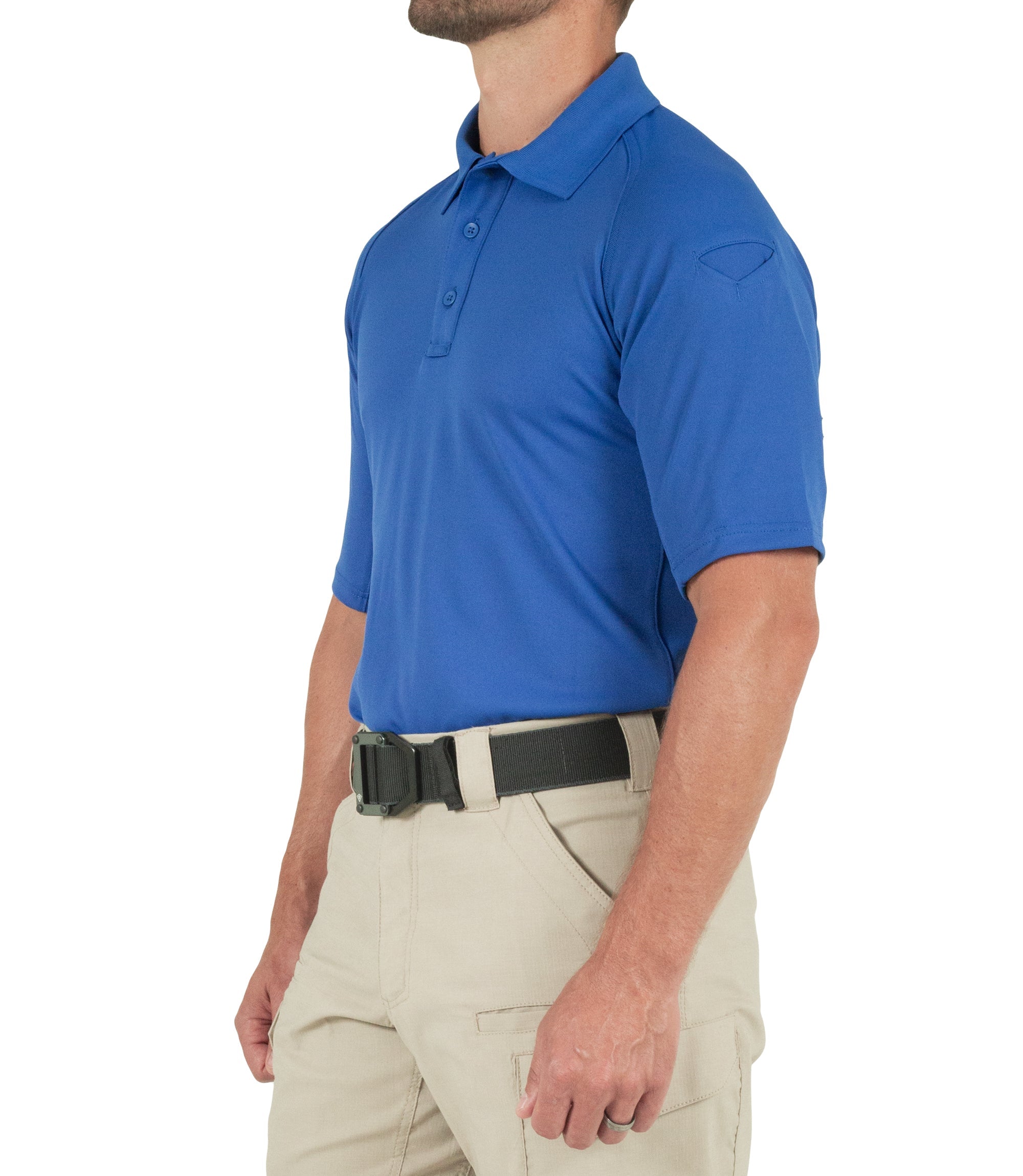 Side of Men's Performance Short Sleeve Polo in Academy Blue |color_academy blue