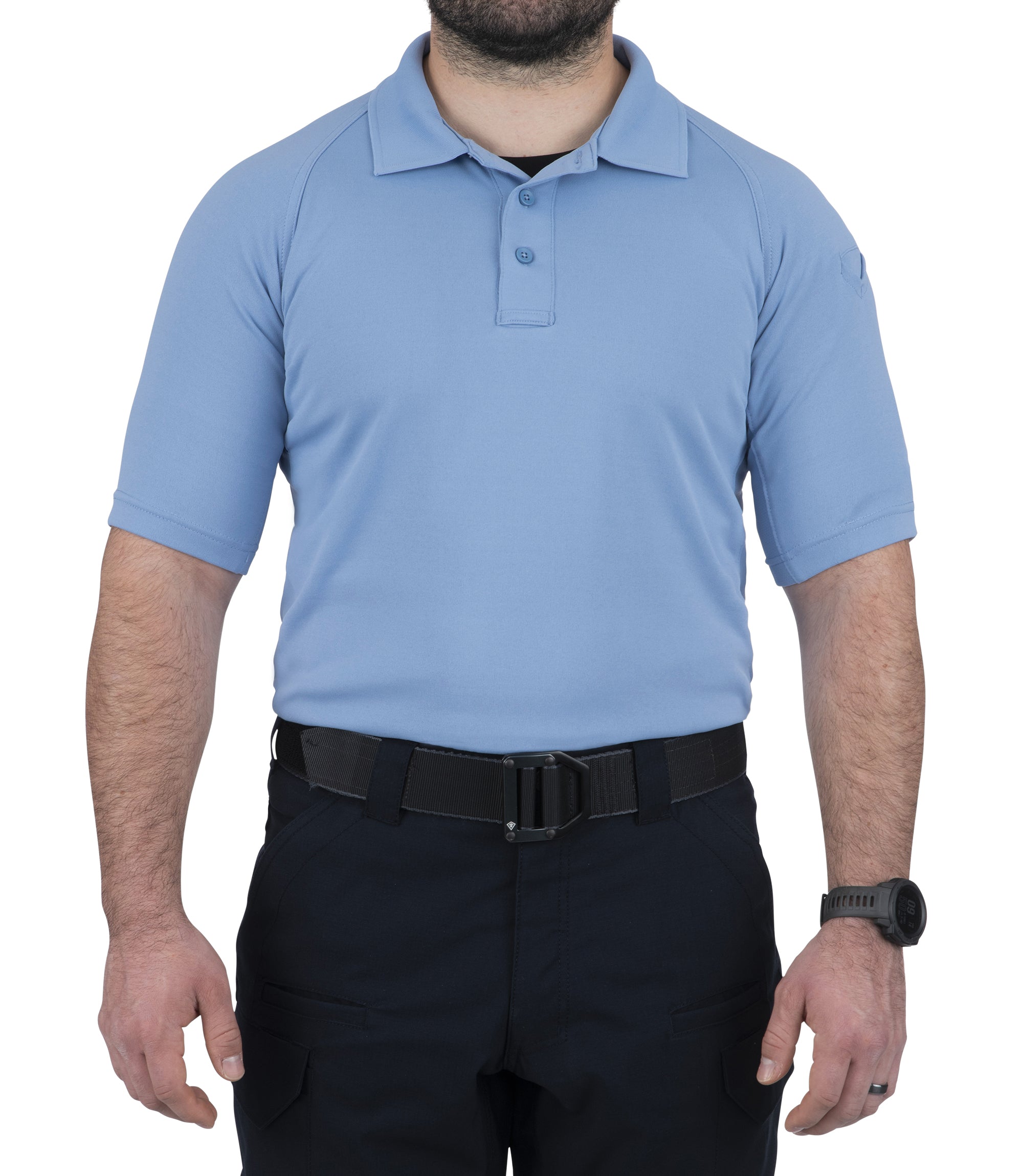 Front View of Men's Performance Short Sleeve Polo in Medium Blue |color_medium blue